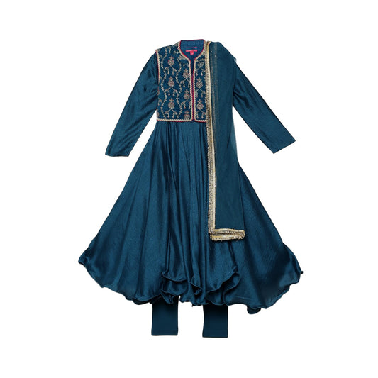 BIBA Girl's Polyester Blend Kurta, Churidar, Dupatta, Jacket (KWNTBLO6188AW24TEAL_Teal