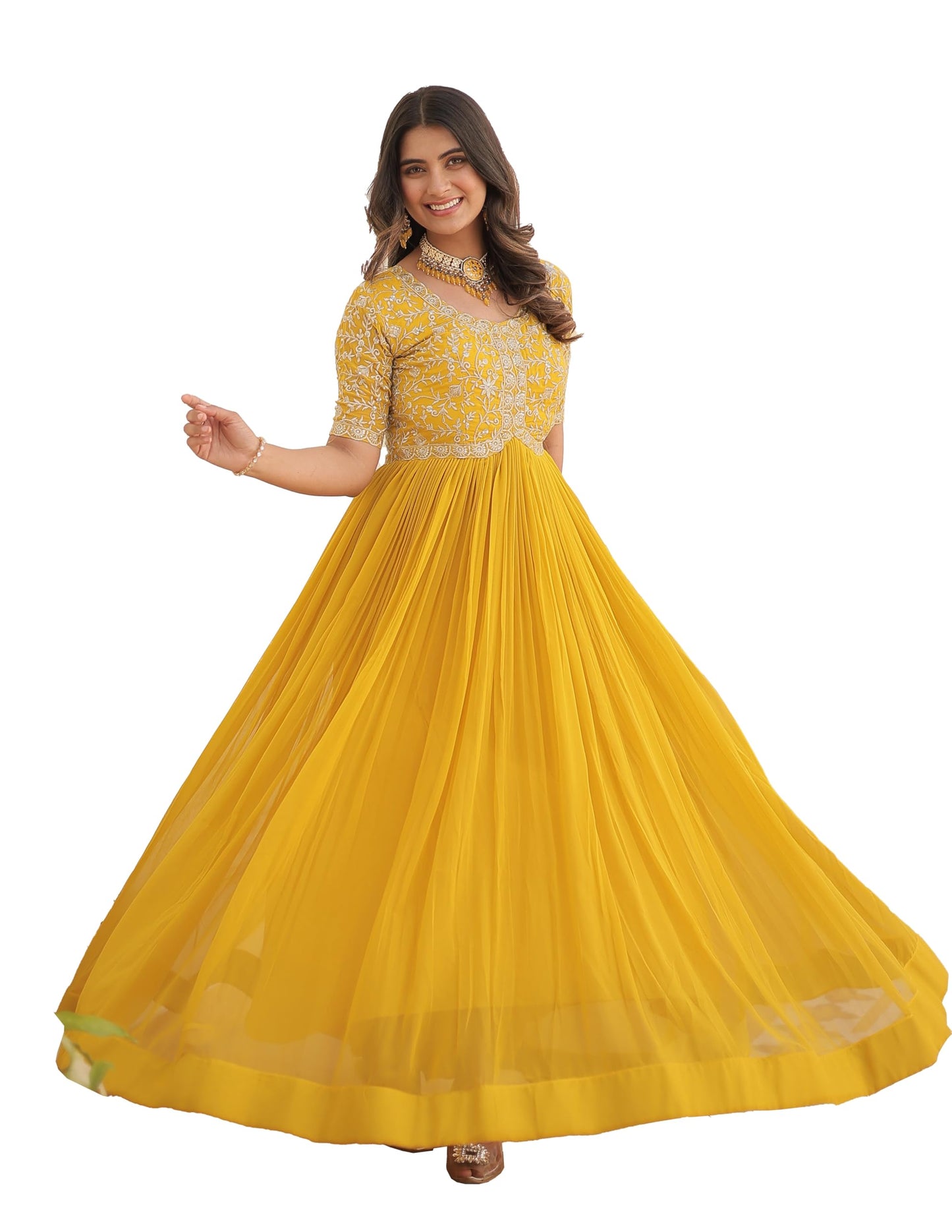 Fashion Basket Red Georgette Embroidered Anarkali Kurta Set for Women (in, Alpha, XL, Regular, Yellow)