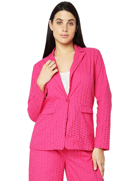VERO MODA Women Self Design Pink Cotton Regular Fit Single Breasted Blazer