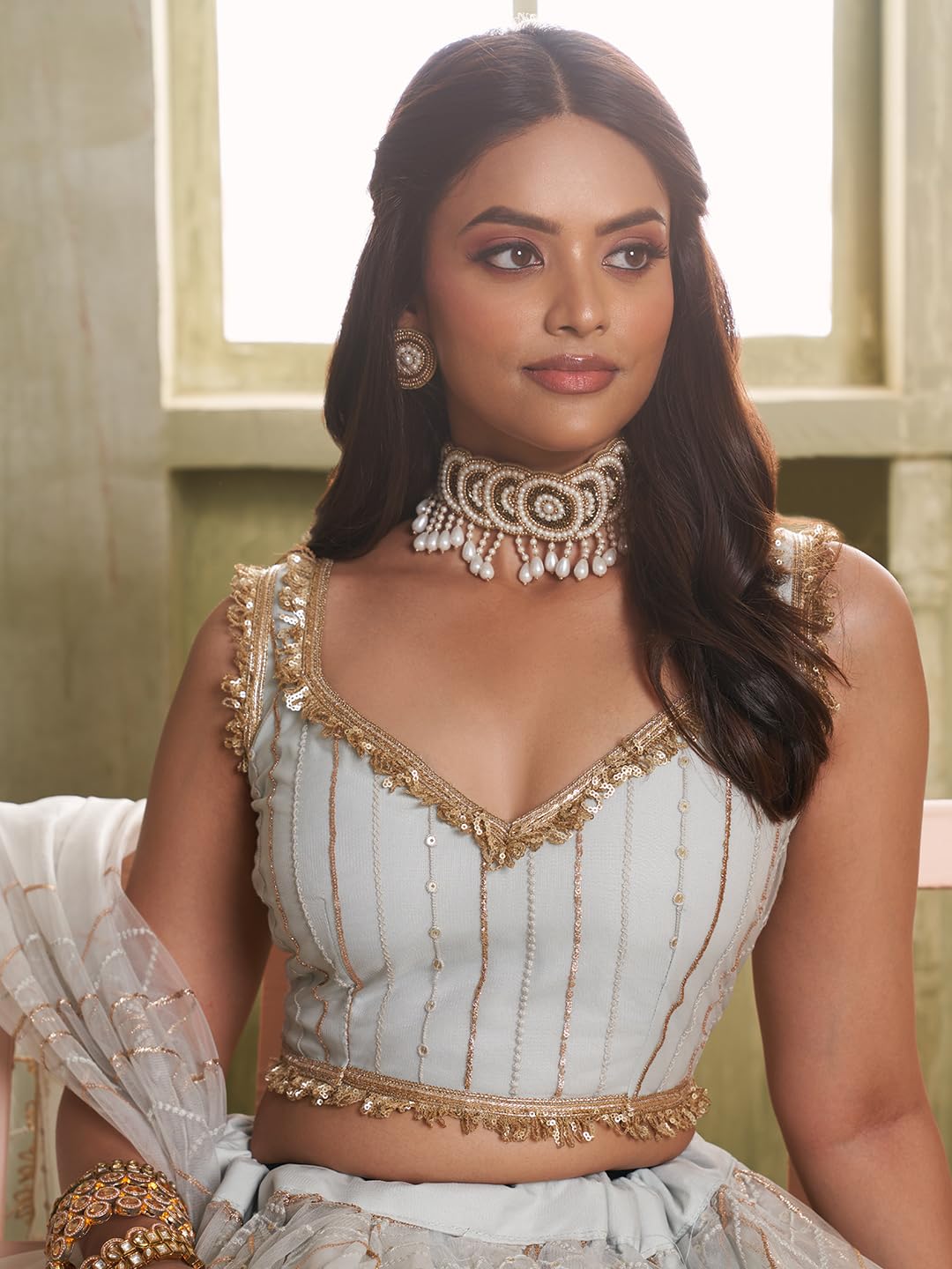 Zeel Clothing Women's Net Semi-Stitched Thread Sequins Work Embroidery Soft Lehenga Choli with Dupatta (NFH-2207-Light-Grey--Lehenga-Choli-Latest; Free Size)