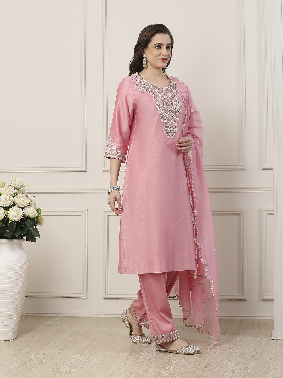 Biba Women Pink Silk Chanderi Straight Suit Set_34