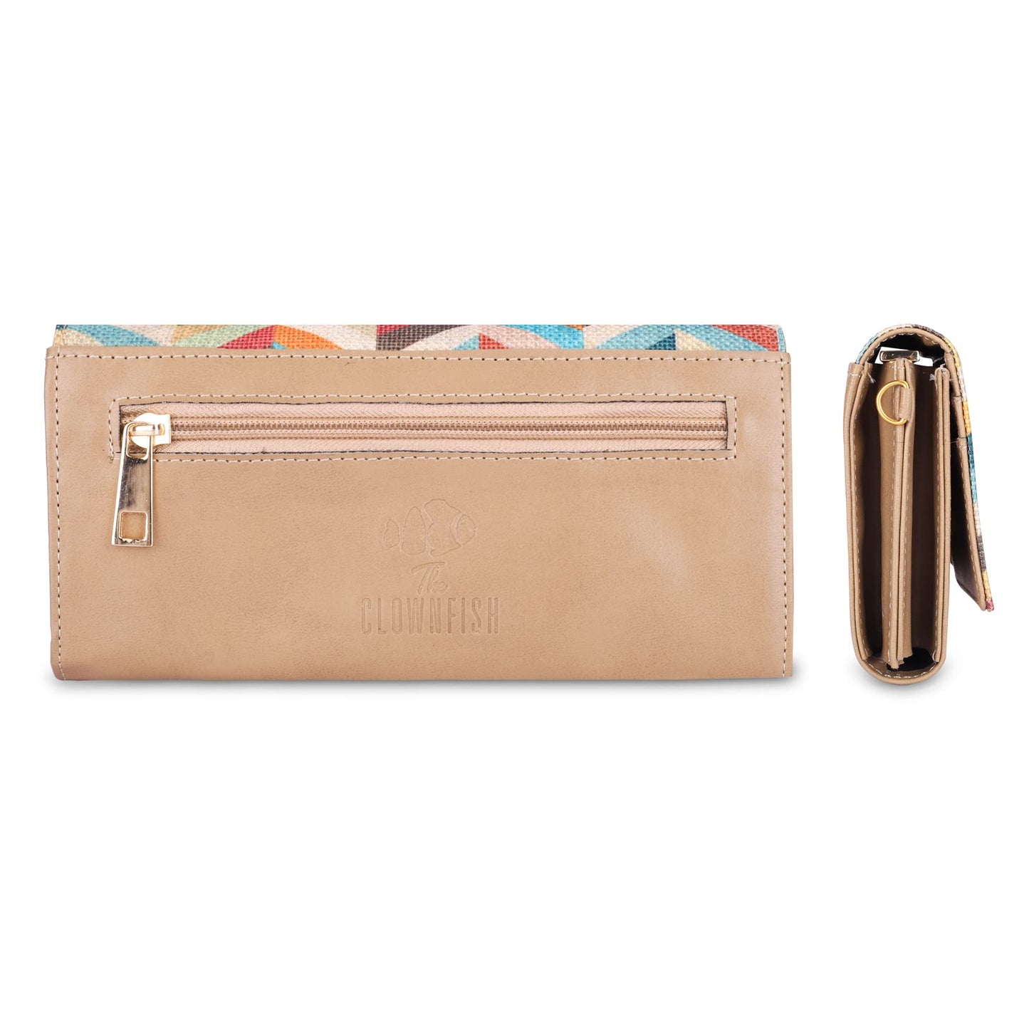 THE CLOWNFISH Women Jolene Printed Handicraft Fabric & Vegan Leather Ladies Wristlet Purse Sling Bag With Multiple Card Slots (Light Brown)