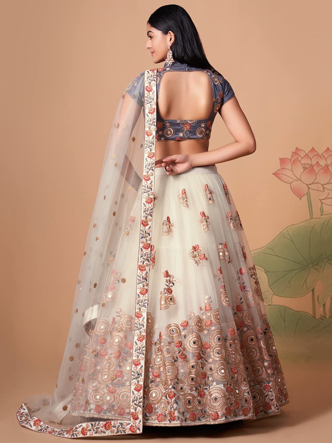 Zeel Clothing Women's Net Embroidered Semi-Stitched Bridal New Lehenga Choli with Dupatta (7322-OffWhite-Wedding-Bridal-Latest; Free Size) (Off-White)