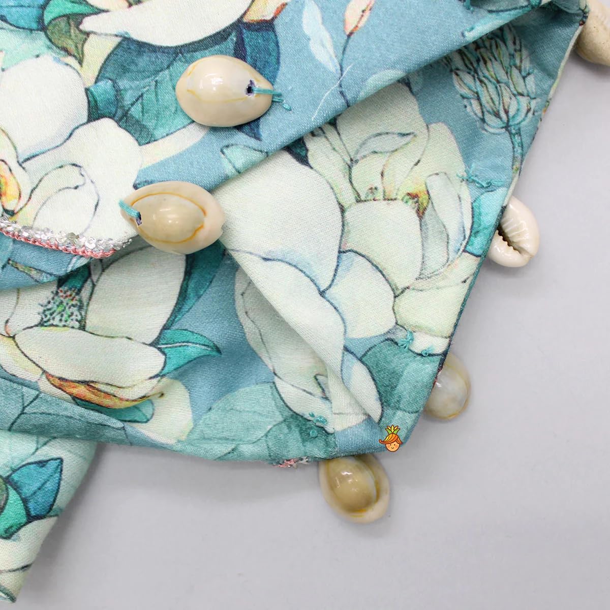 Leons Fab Girl's Floral Printed Scalloped Cut Back Tie Knot Top With Lehenga (11-12 Years, Green)