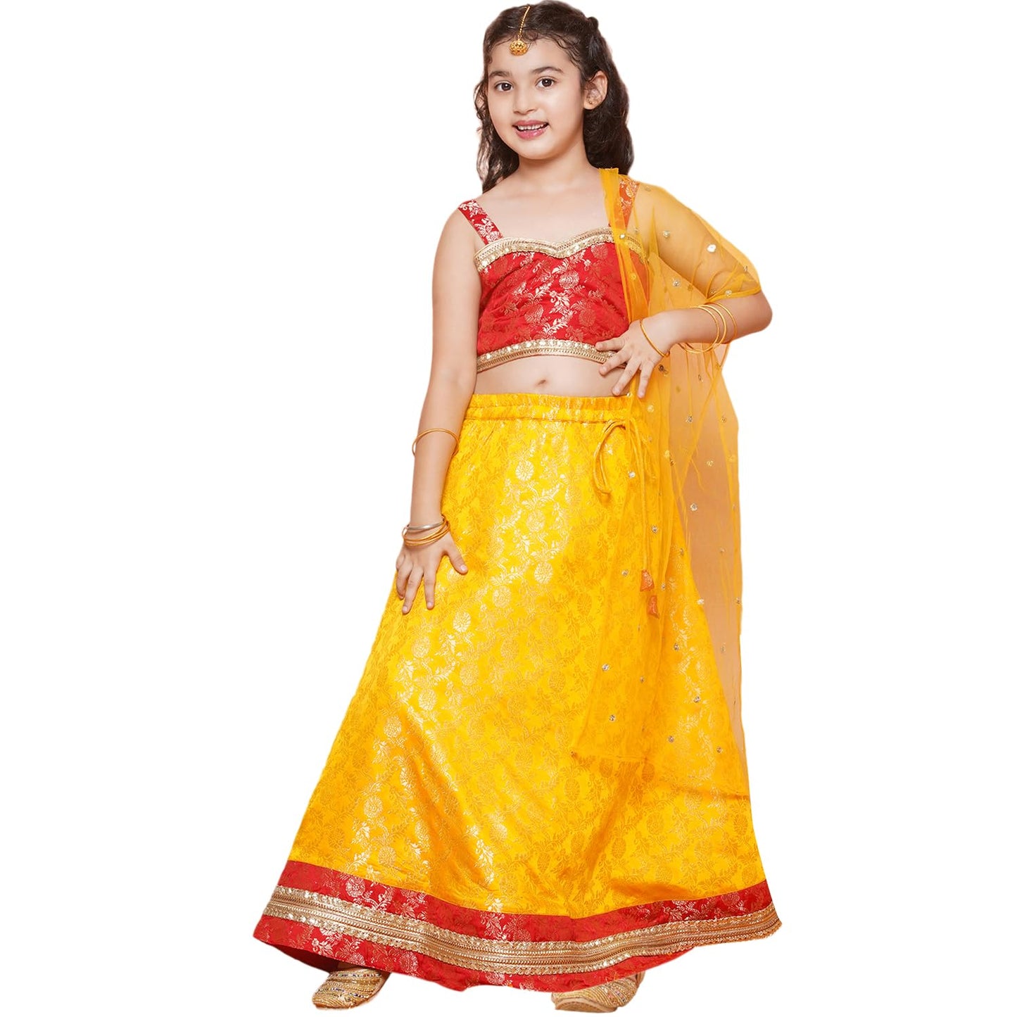 AJ DEZINES Kids Ethnic Wear Jacquard Brasso Printed Sleeveless Yellow Lehenga Choli Set For Girls (G-LH11-YELLOW-38)
