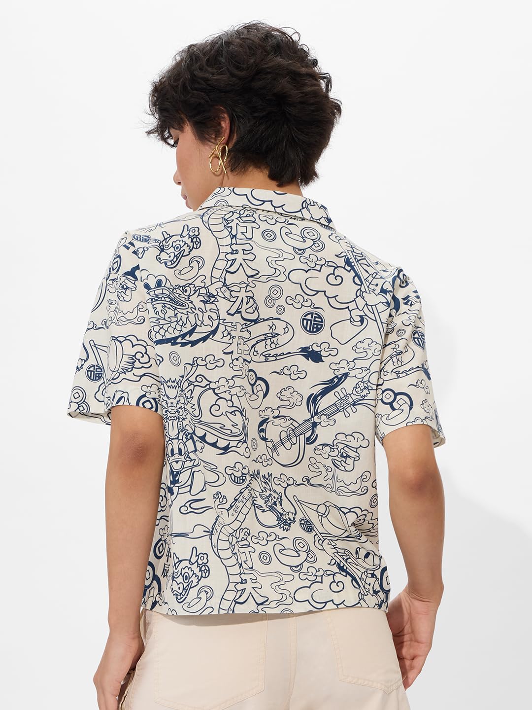 The Souled Store Official Donald Duck Originals: Chinese New Year Women & Girls Long Sleeve Collared Neck Button Down Regular Fit Cotton Shirts White and Blue