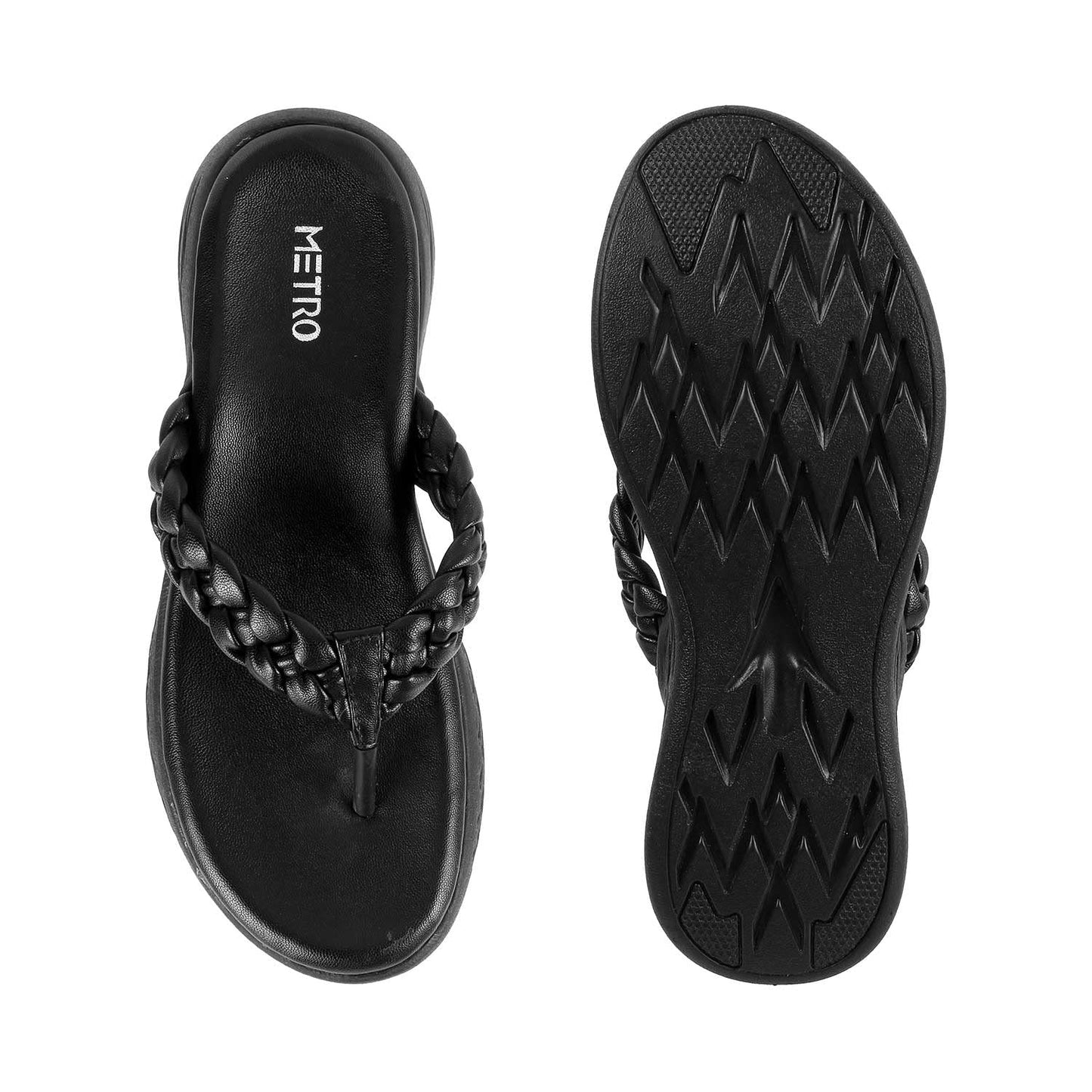 Metro Women Black Synthetic Leather Thong Slipper | Sandal