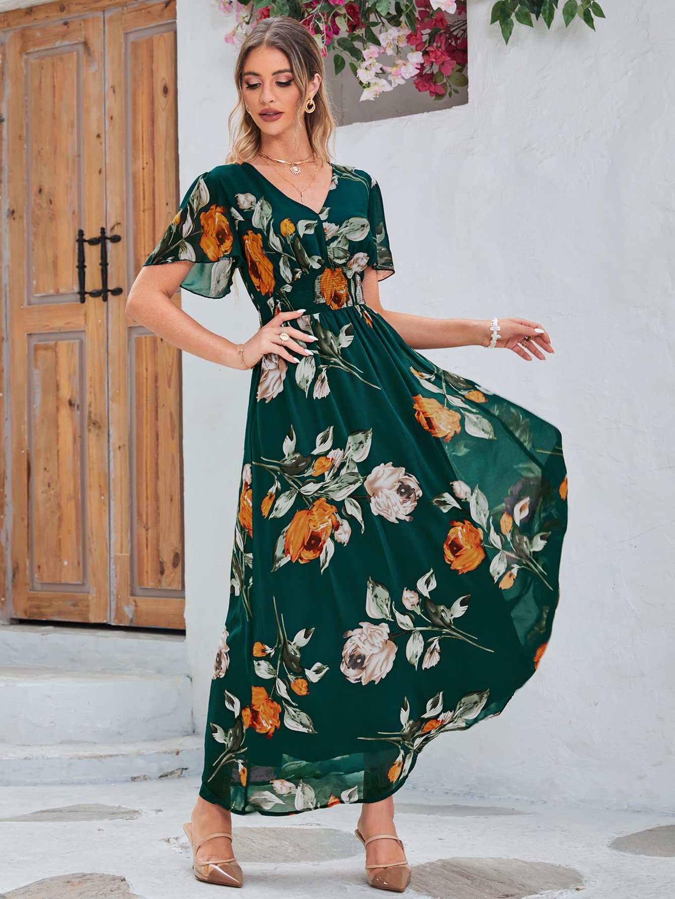 Simplee Women Casual Boho Floral Maxi Dress Flowy Holiday Beach Long Dress V Neck Short Sleeve Wedding Guest Dress, #Dark Green, M