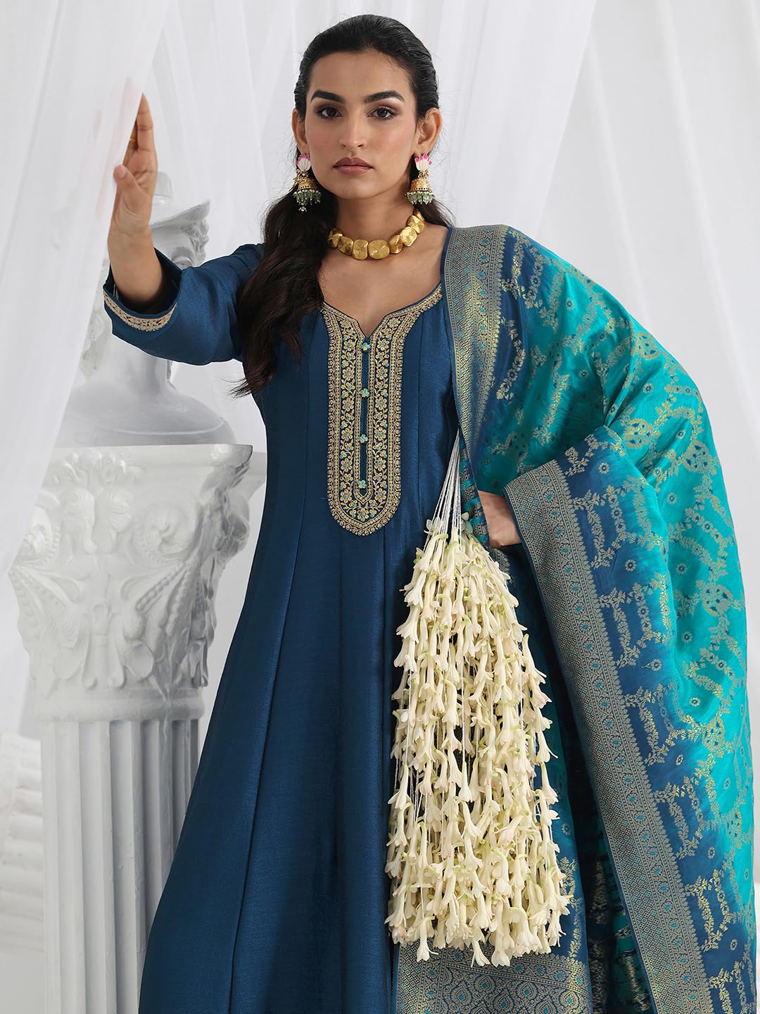 Libas Embroidered Silk Blend A-Line Ethnic Dress with Dupatta-93604L