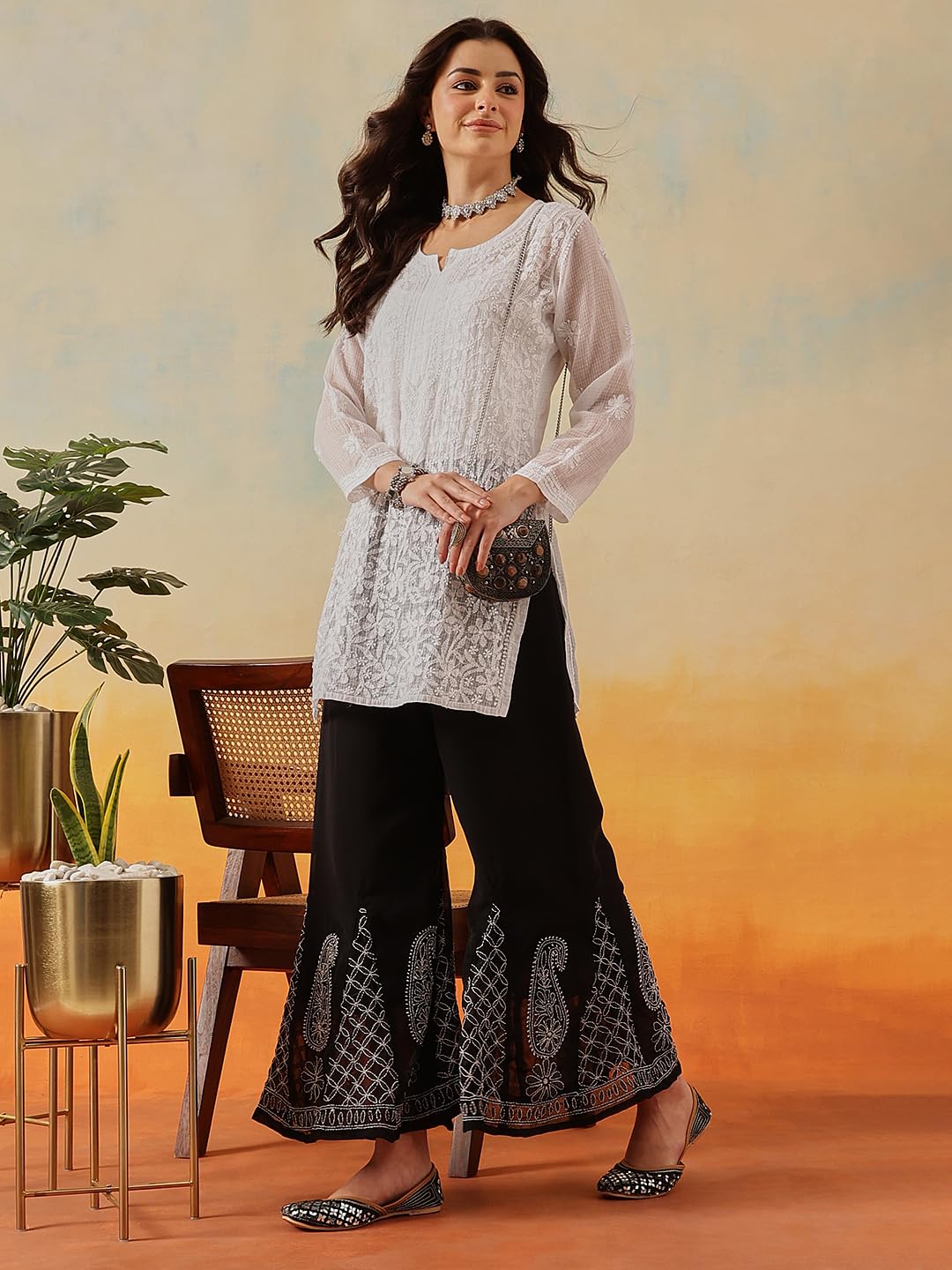 Ada Lucknowi Chikankari Hand Embroidered Georgette Flared Palazzo for Women A711165