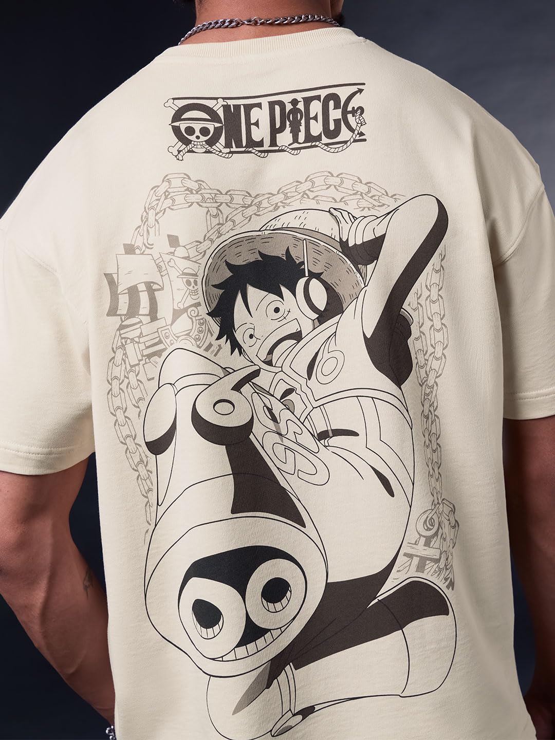 The Souled Store One Piece: Pirates Men and Boys Short Sleeves Round Neck Beige Graphic Printed Anime Casual Drop Shoulder Streetwear Lightweight Cotton Oversized T-Shirt