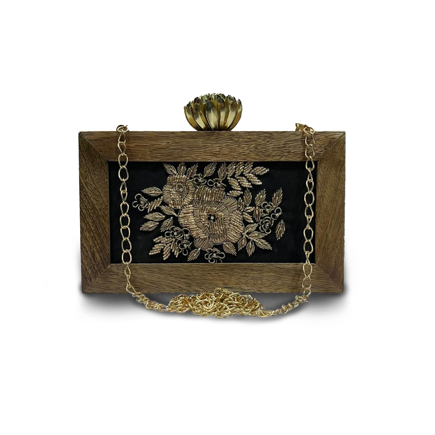 Handmade Crossbody Ethnic Wooden Clutch for Women – Unique Rose Embroidery, Latest Fashionable Purse for Any Outfit