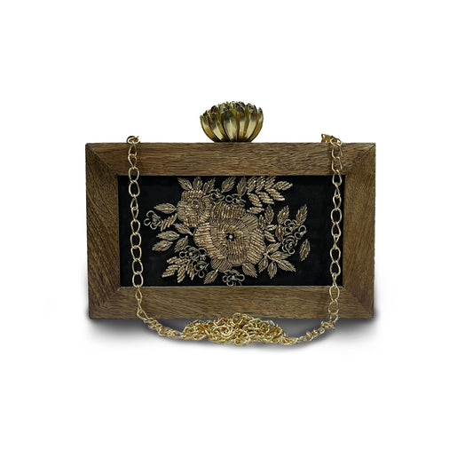 Handmade Crossbody Ethnic Wooden Clutch for Women – Unique Rose Embroidery, Latest Fashionable Purse for Any Outfit