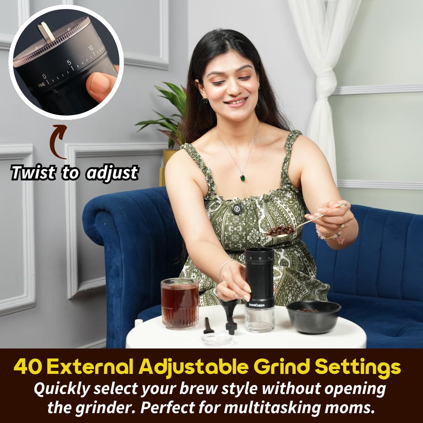 InstaCuppa Manual Coffee Bean Grinder with 40 Adjustable Grind Settings, Ceramic Burr Mill, Glass Jar, Fresh Grind for Espresso, French Press, Pour Over, Cold Brew – Portable & Easy to Clean