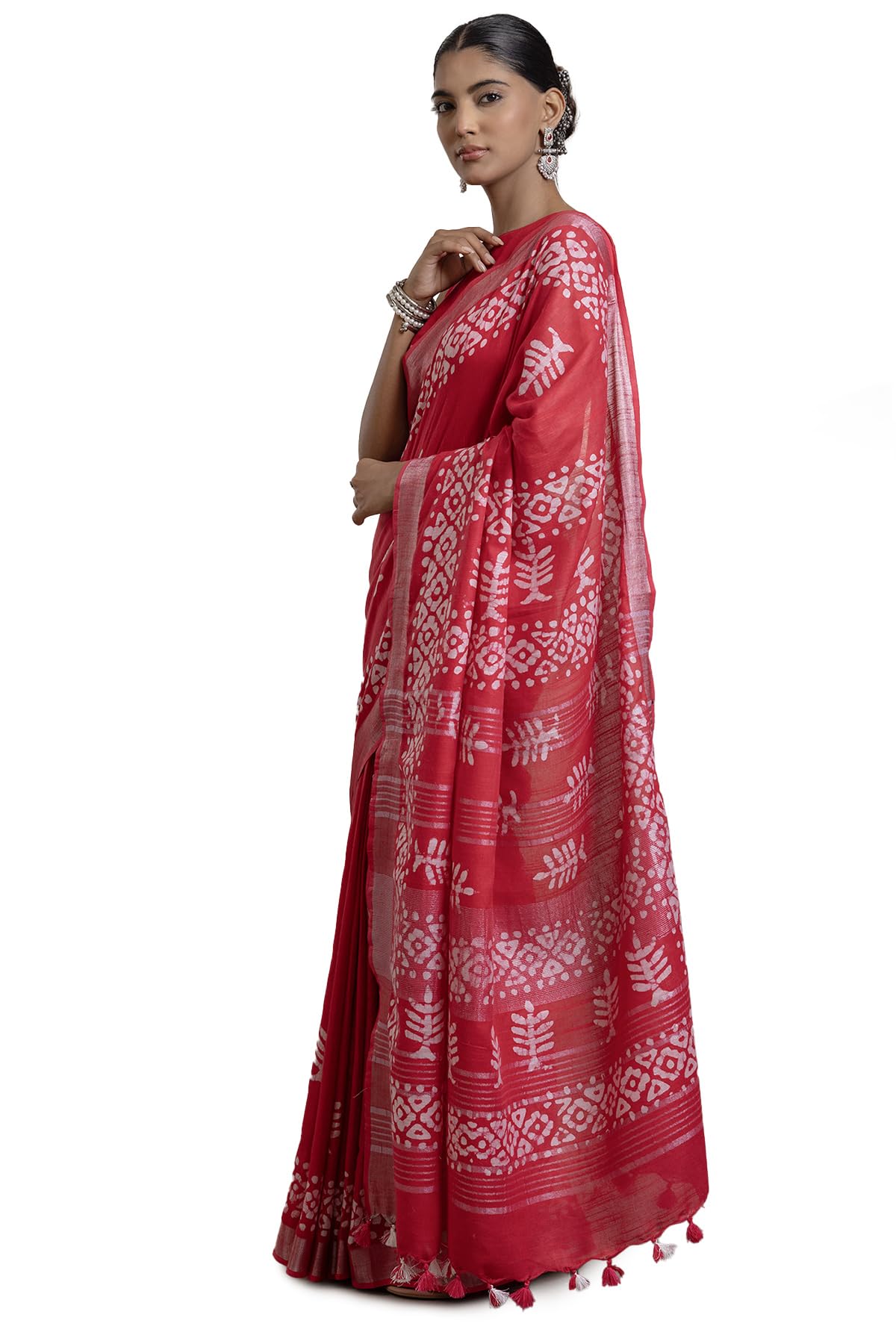 Soch Womens Fuchsia Linen Batik Print Sarees With Tassels