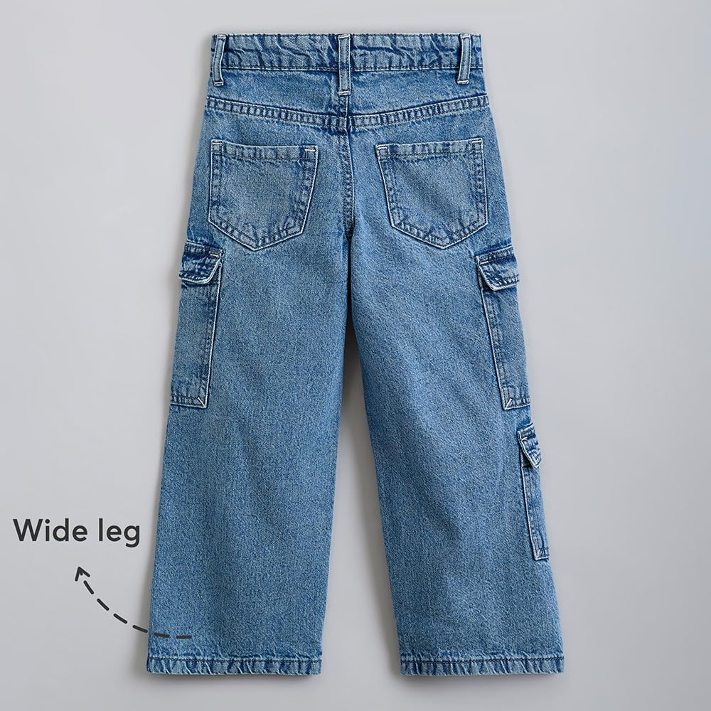 Hopscotch Girls High Rise Solid Print Denim Cargo Jeans