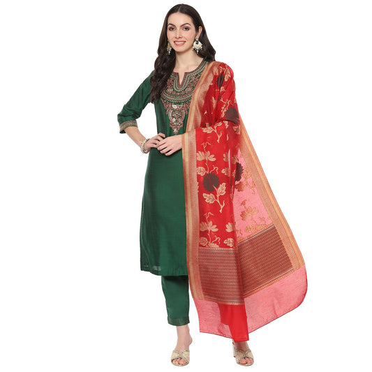 BIBA Cotton Blend Women Embroidery Straight Salwar Kurta Dupatta(Skdbanarasi8852_Green/Red_36)