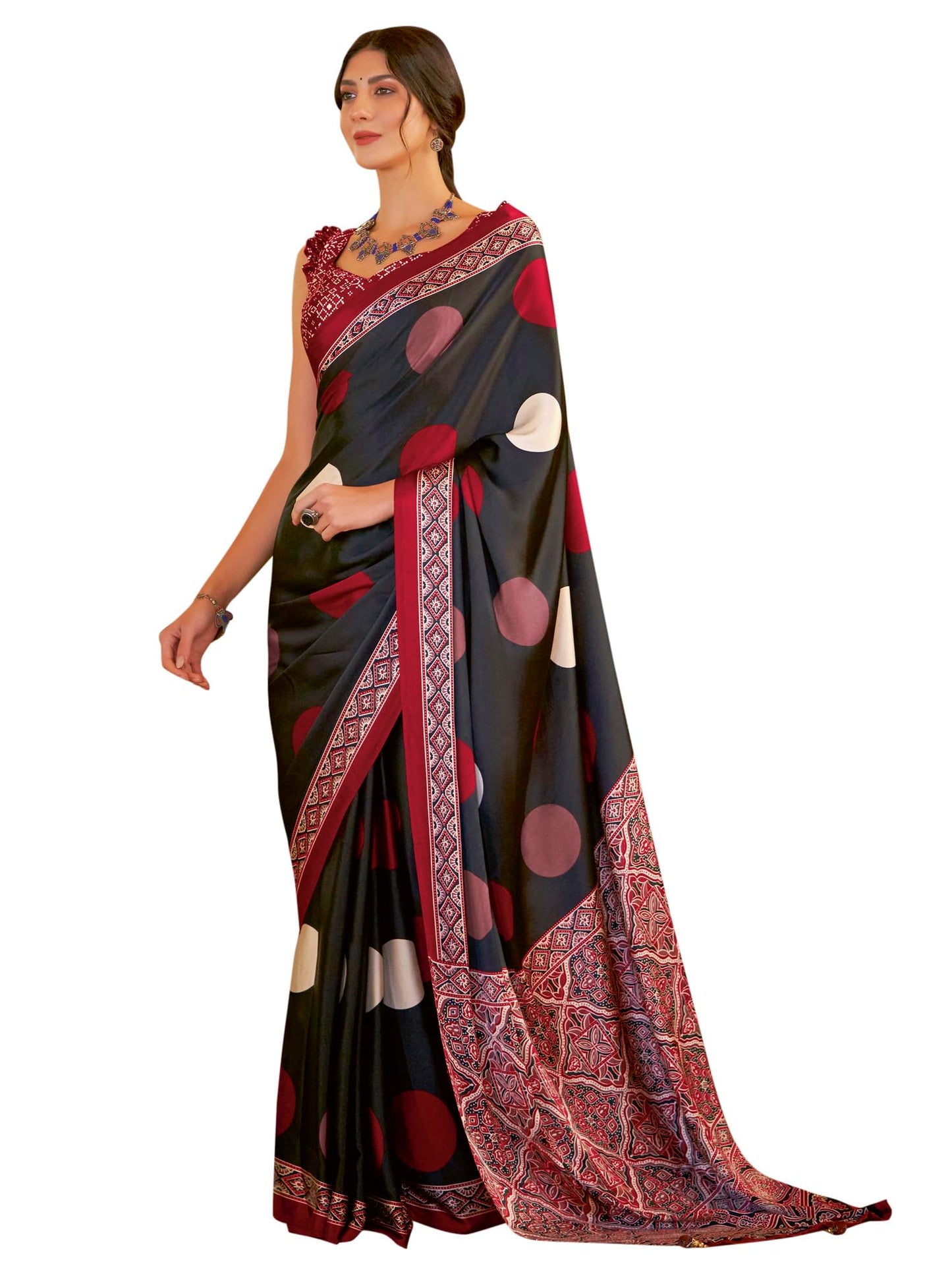 SAREE MALL Women's Ajrkh Print Satin Crepe Polka Dot Printed Saree With Unstitched Blouse Piece(Black_MOHAR101B_HS)