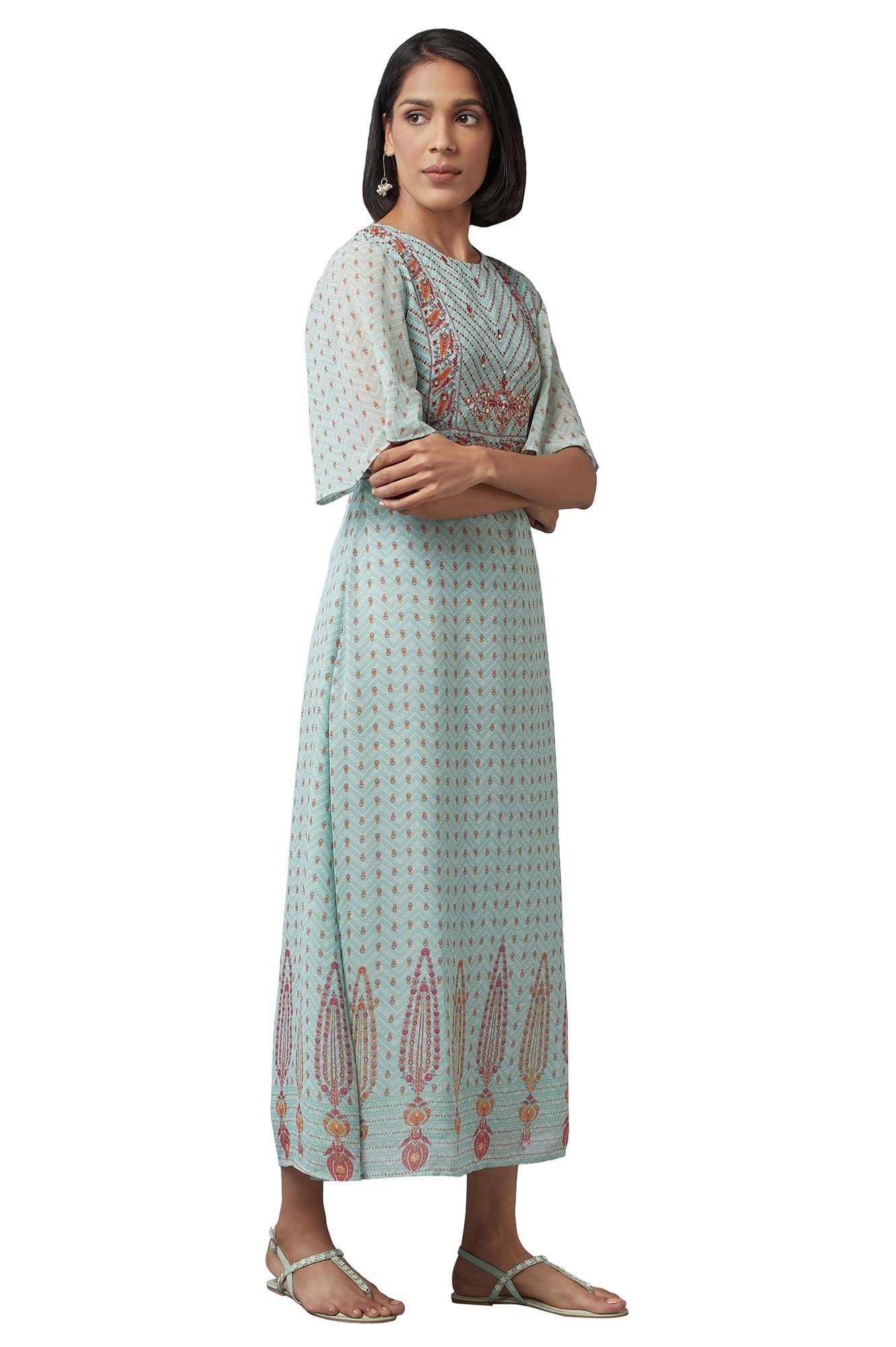 W for Woman Women's Georgette Harbour Green Asymmetric Dress Floor Length (22FEW16071-116585 S)
