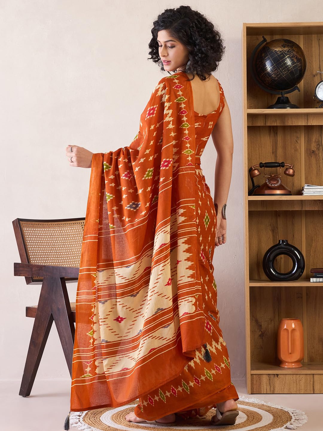 SAREE MALL Women's Orange Cotton Ikat Printed Ready To Wear one Minute Saree With Unstitched Blouse Piece(RTWMINAXI6301_SMC)