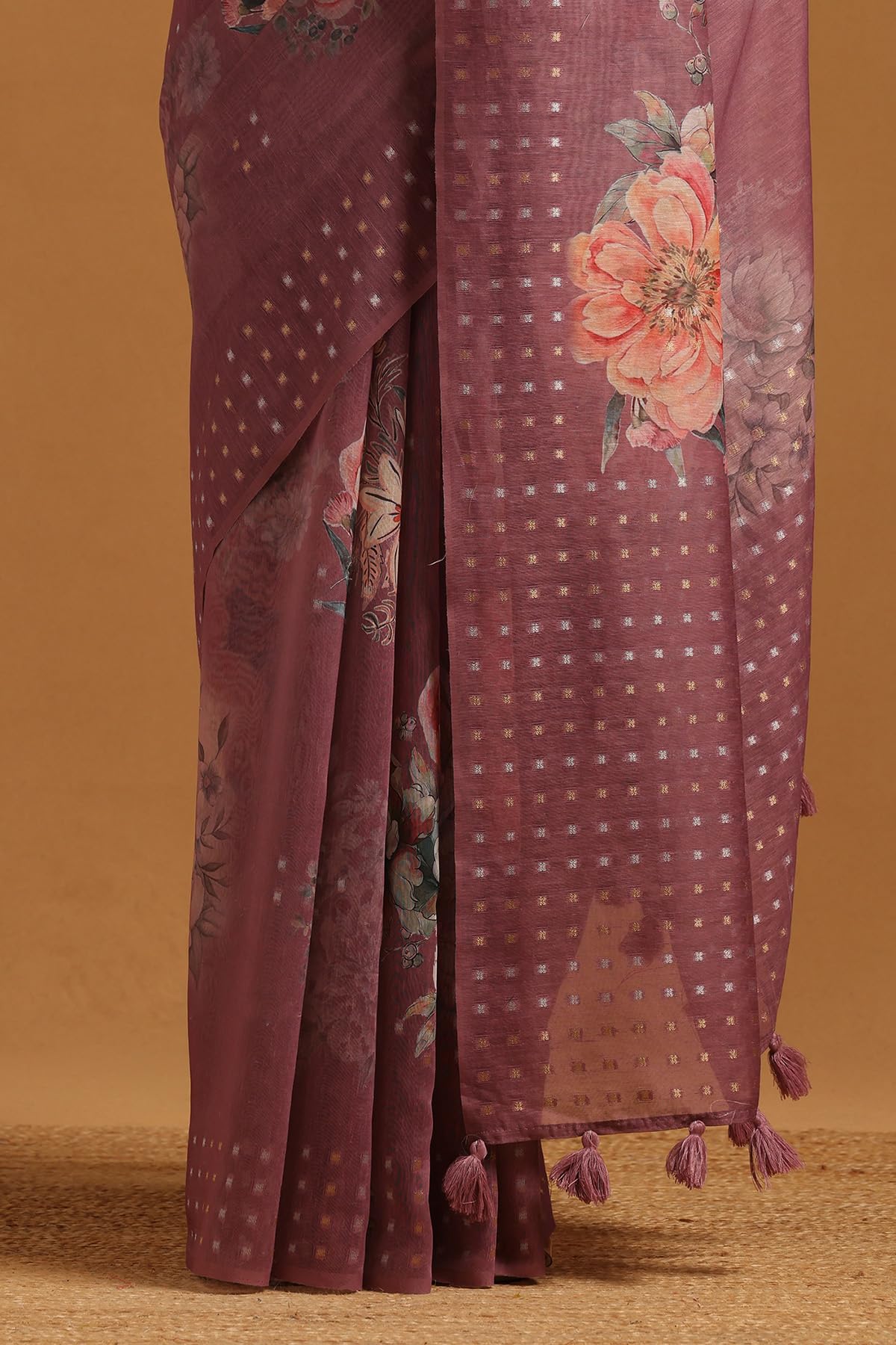 Soch Womens Lavender Linen Floral Saree With Zari Woven