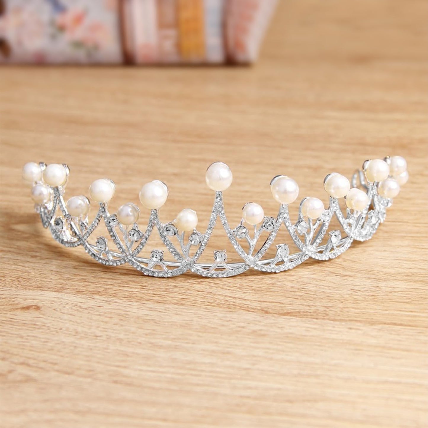 Peora Silver Plated Cubic Zirconia & Pearl Studded Princess Tiara Crown Hair Accessory for Girls & Women