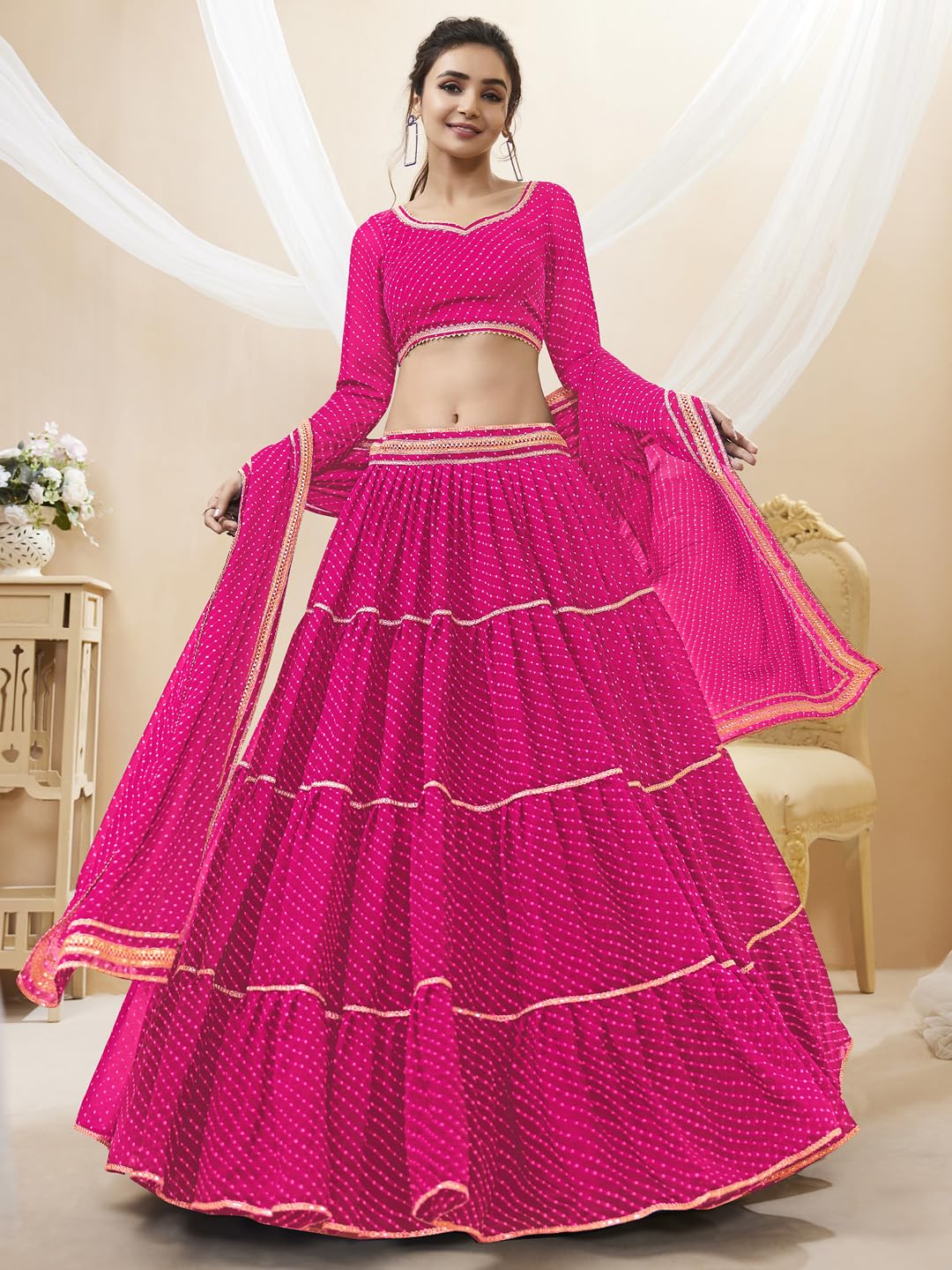 Zeel Clothing Women's Leheriya Print Pure Georgette Semi-stitched New Lehenga Choli Set With Dupatta (603-Pink-Stylish-Wedding-Designer-New; Free Size)