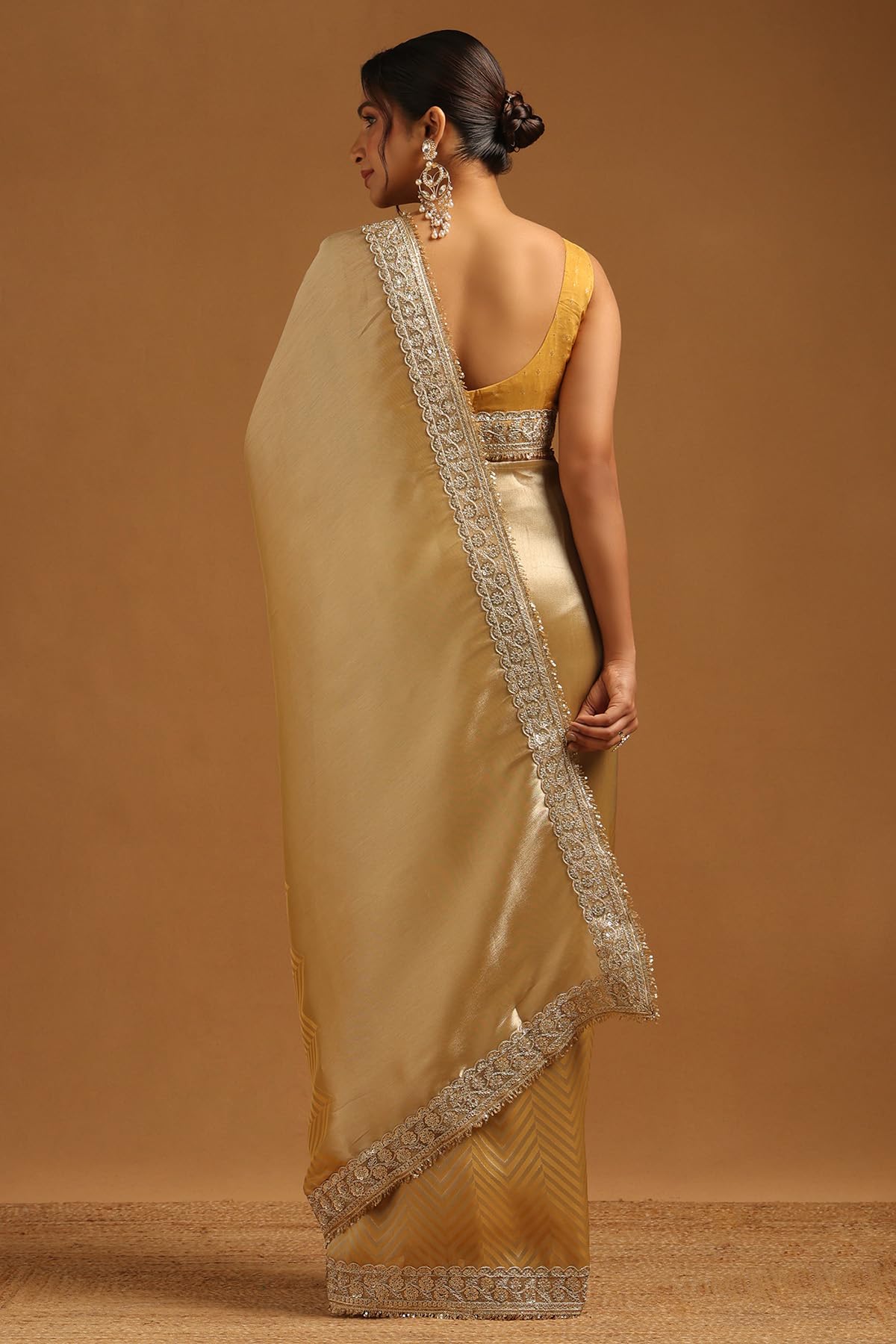 Soch Womens Gold Tissue Chevrons Zari Woven Saree With Sequins