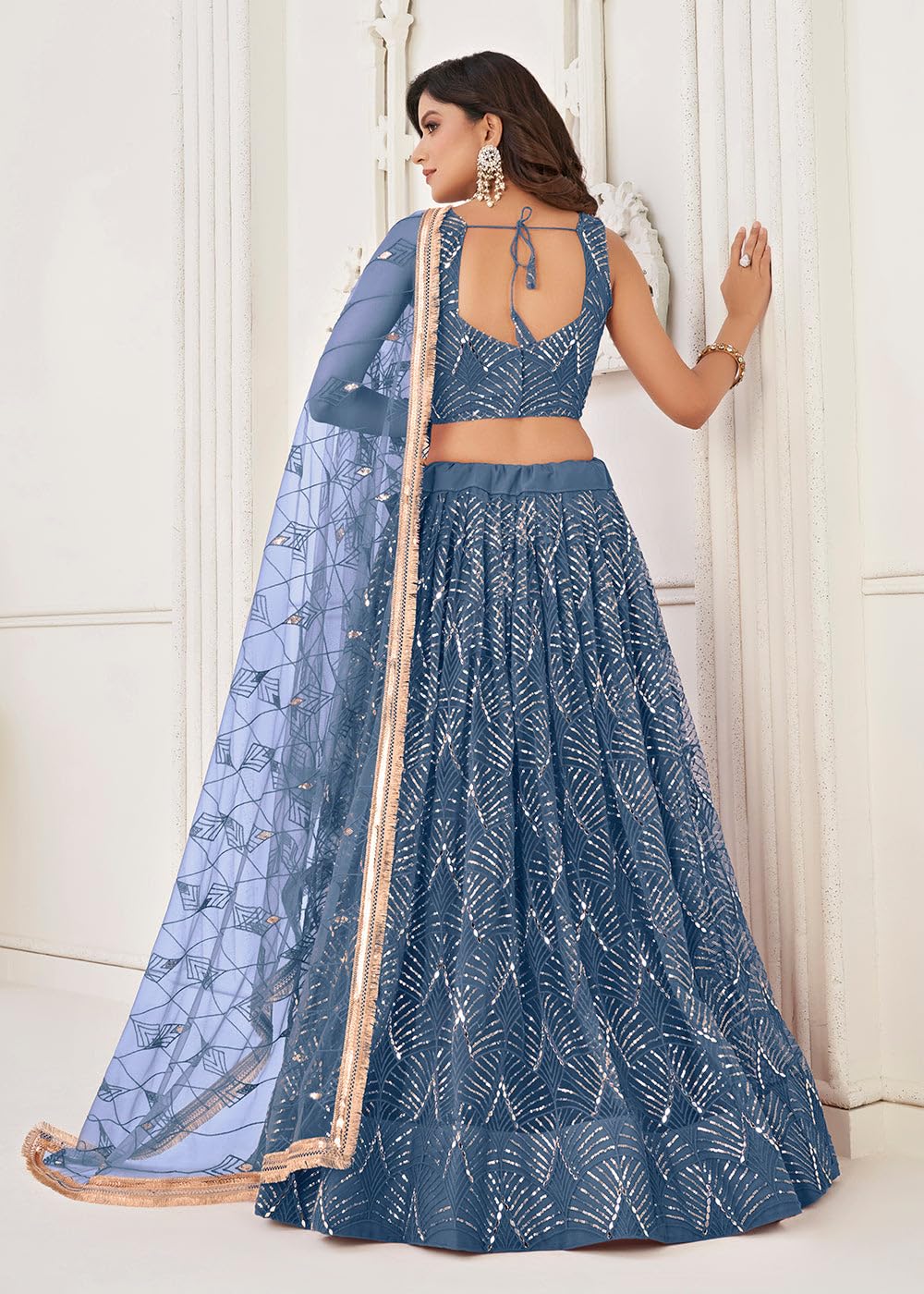 JIHU CULTURE Women's Net Lehenga Choli Set with Thread and Sequence Embroidery Work, Original Mirror Handwork Semi-Stitched Lehenga, Unstitched Blouse & Net Dupatta