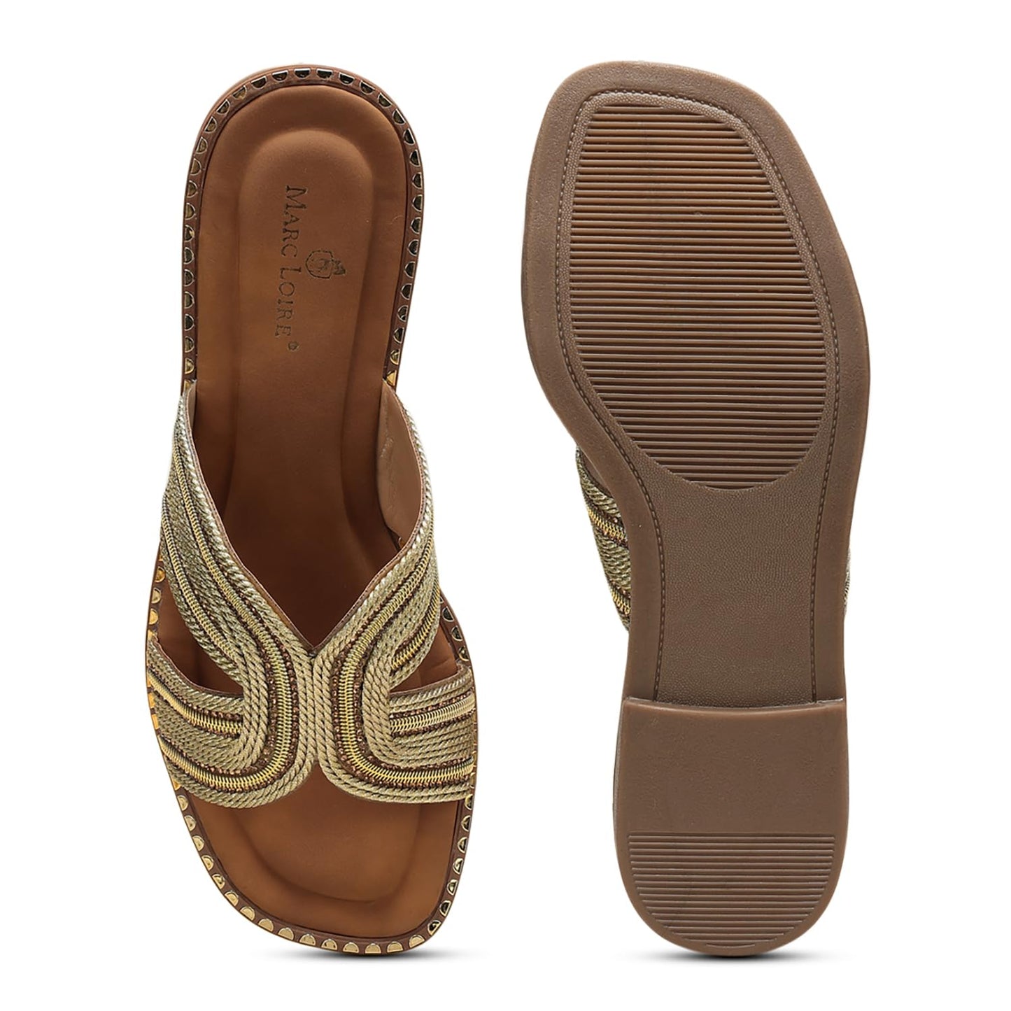 Marc Loire Women Smart Casual Embellished Slip-On Open Toe Flats Chappals | Fashion Sandals with Comfortable Sole (Gold, UK Footwear Size System, Adult, Women, Numeric, Medium, 7)