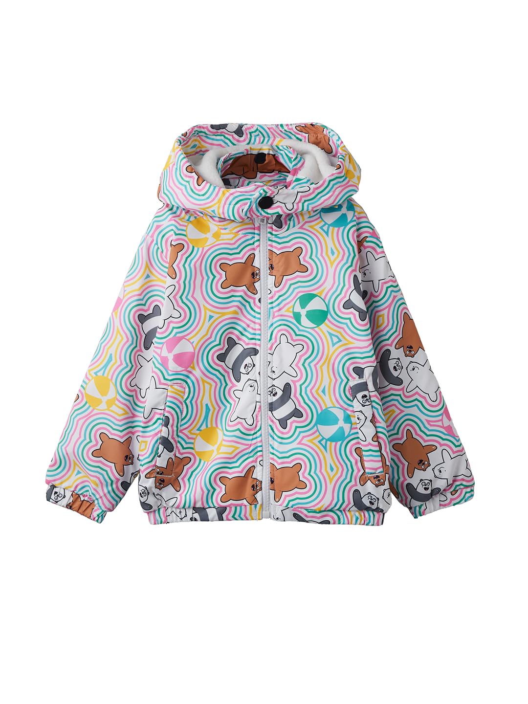The Souled Store Official We Bare Bears: Happy Vibes Long Sleeve Hooded Detachable Neck Cotton Puffer Jackets Grey
