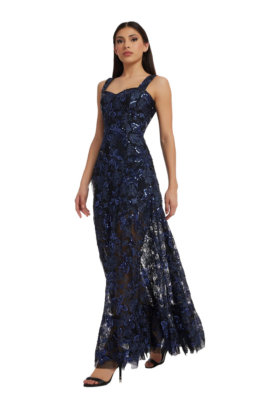 Dress the Population Women's Anabel Fit and Flare Maxi Dress, Blue, Small