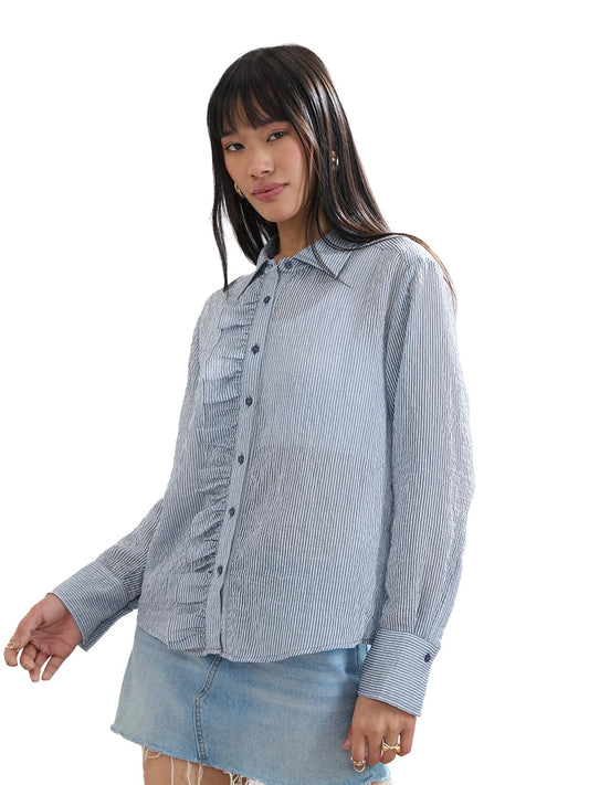 The Souled Store Stripe Shirt: Shadow Women and Girls Full Length Sleeves Collared Light Blue and White Vertical Striped Woven Viscose Relaxed Fit Ruffled Lightweight Everyday Shirt