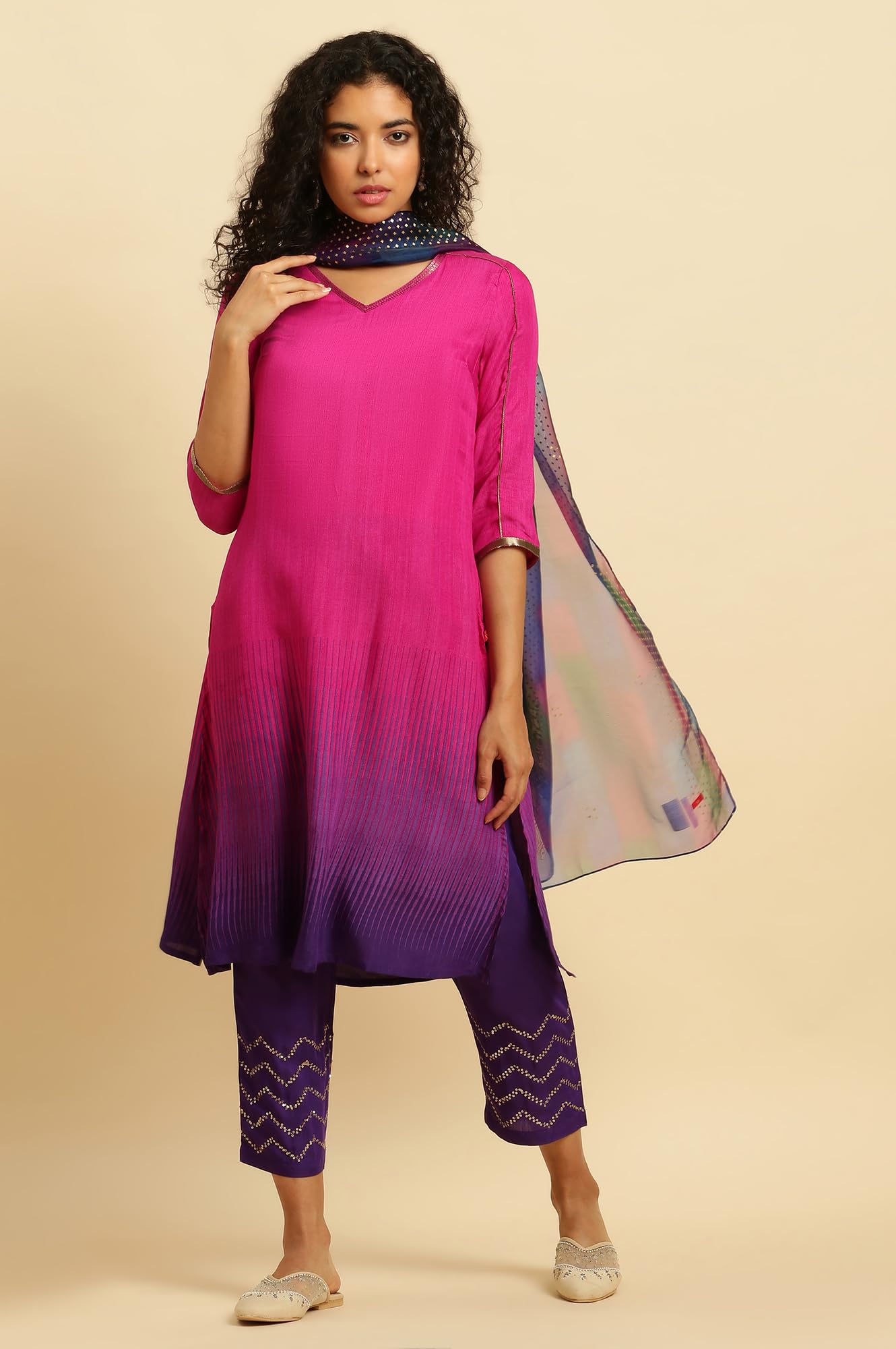 W for Woman Magenta Pink Ombre A-Line Kurta, Pants And Dupatta Set (Size: L)-23AUWS19959-122259
