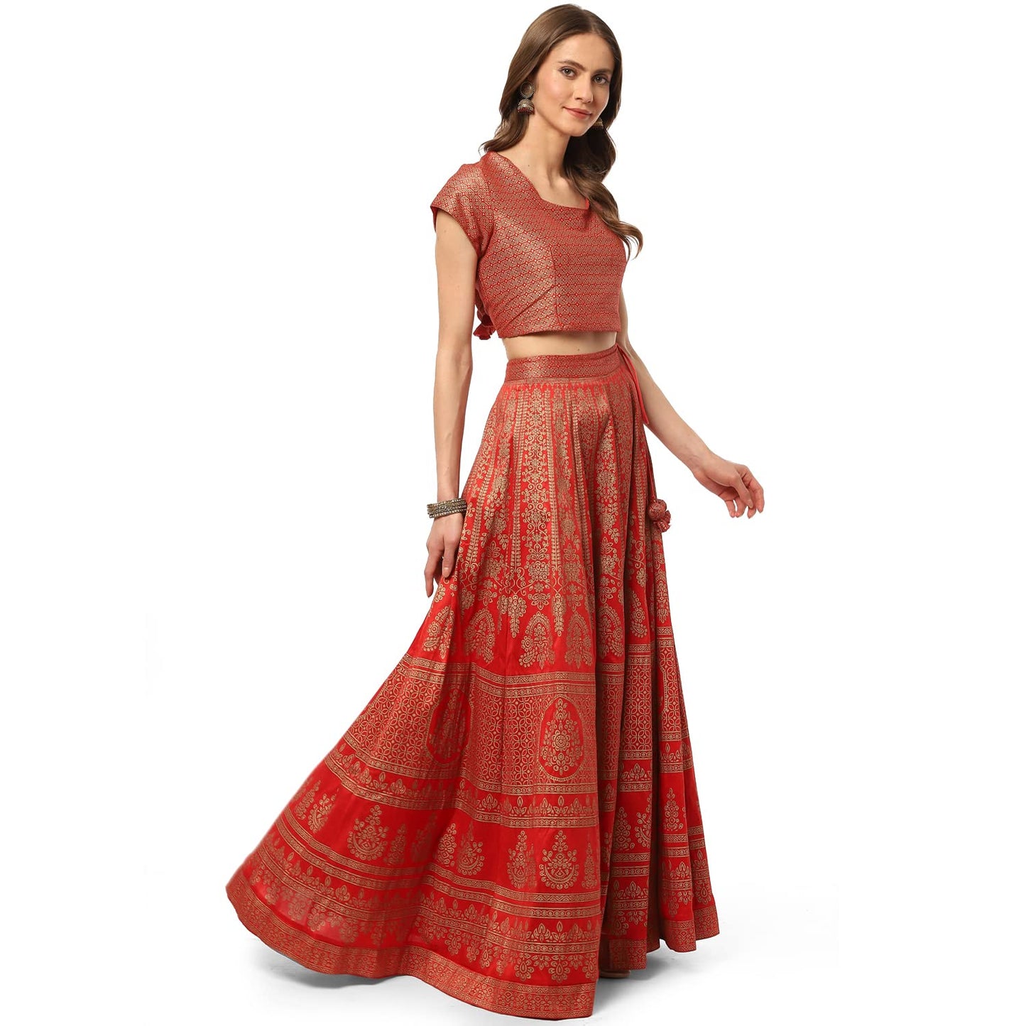 BIBA Women's Tomato Red Art Silk Readymade Lehenga Choli Set