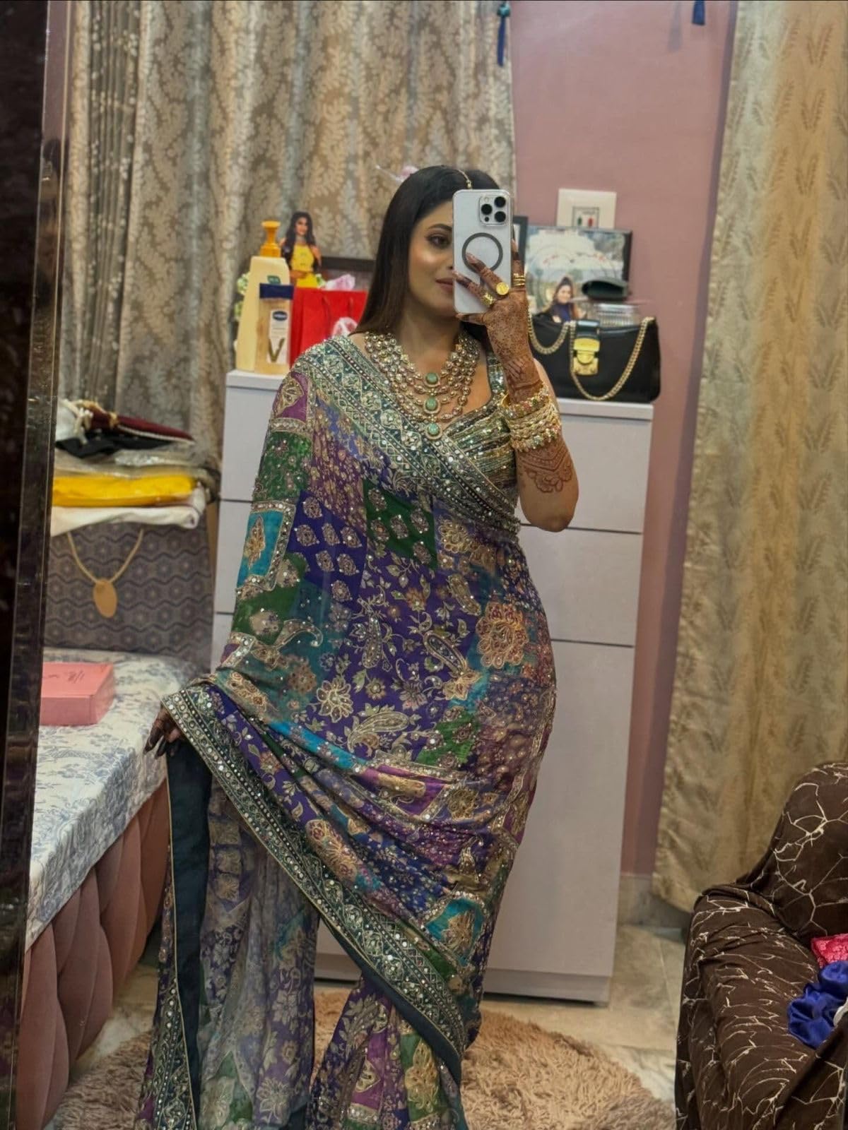 SATPURUSH Printed Chinon Silk Saree for Women