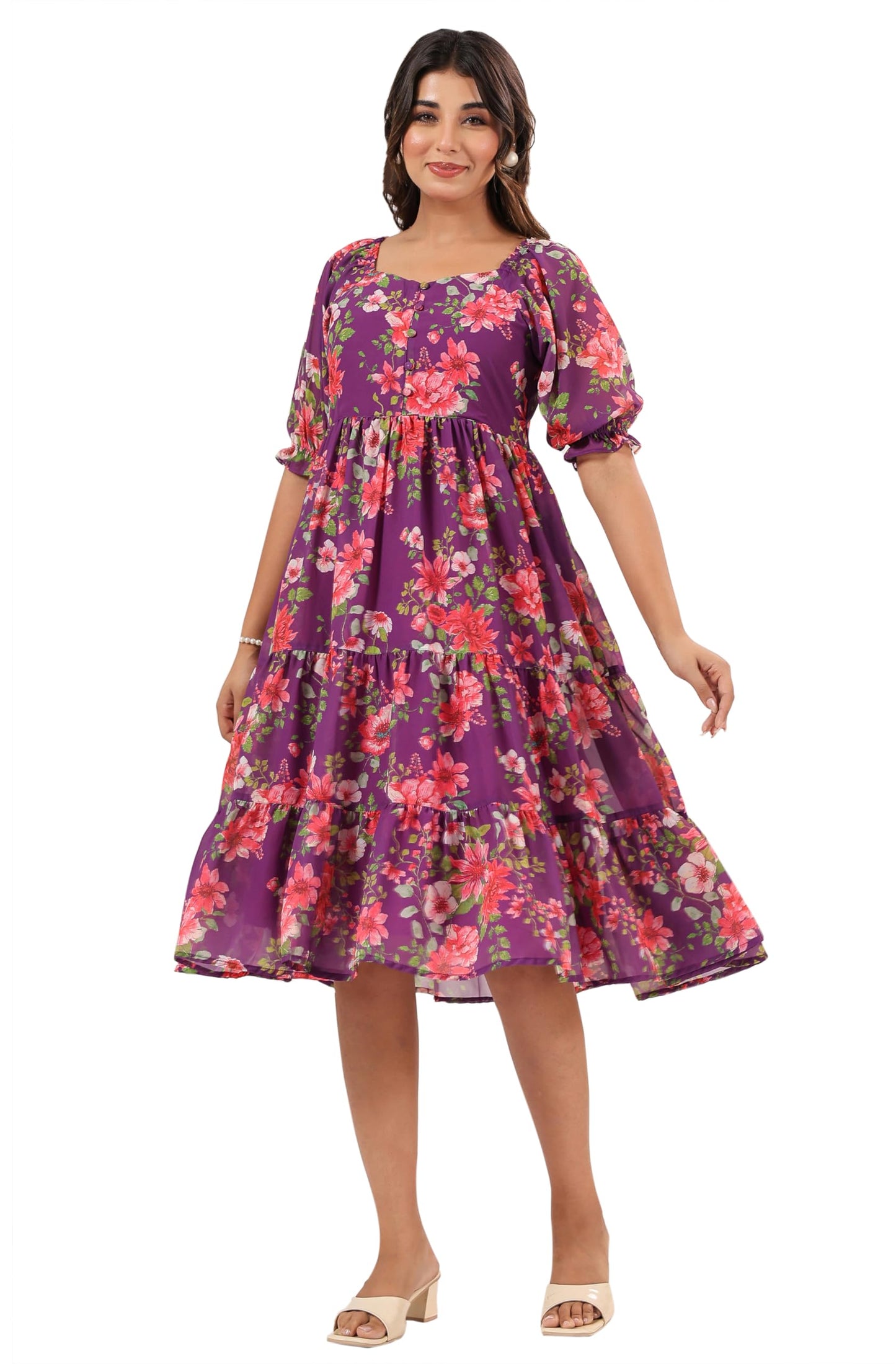 Janasya Women's Purple Georgette Floral Printed Tiered Dress (JAC24DR01628-L)