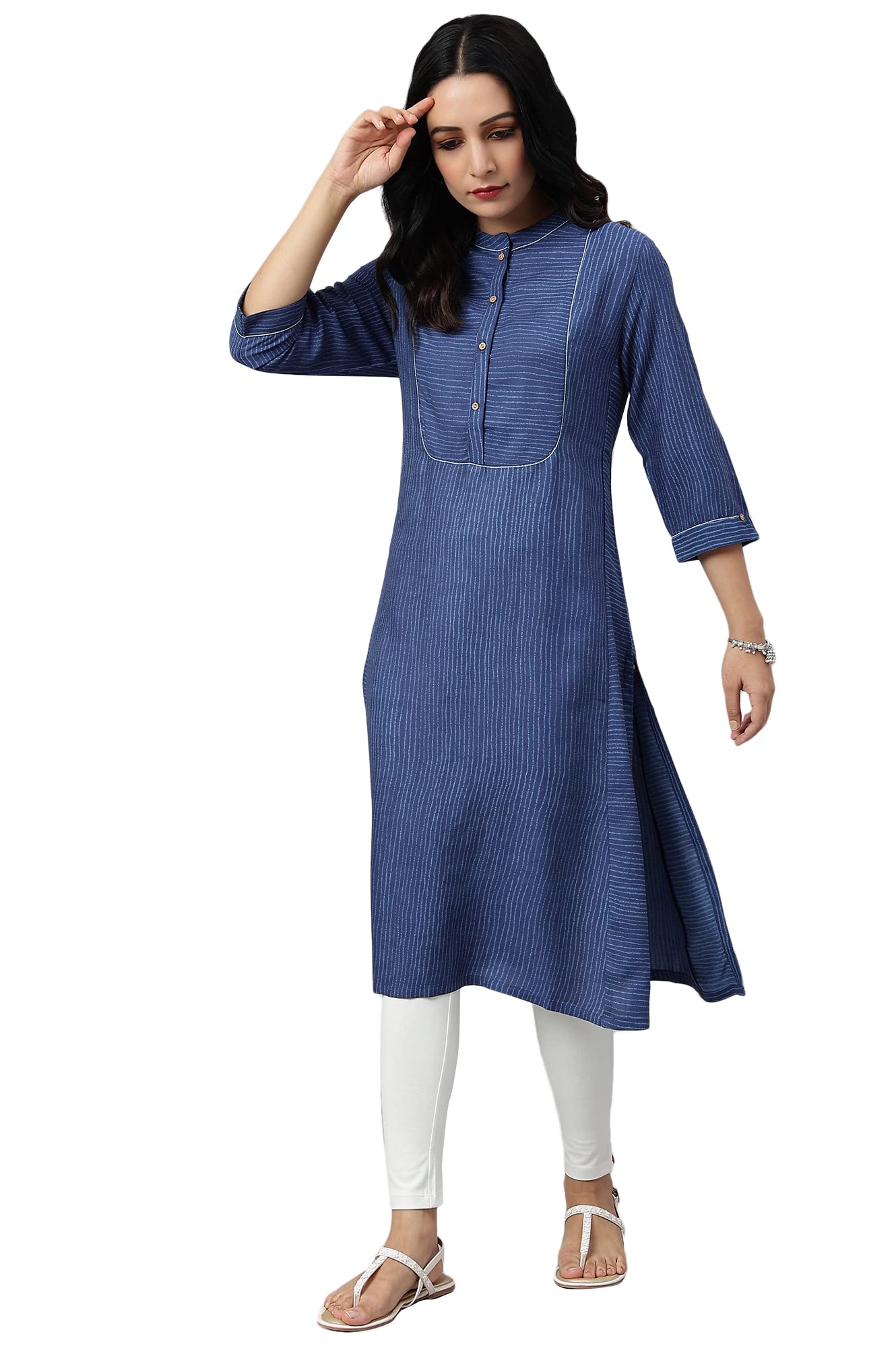 W for Woman Blue Thread Embroidered Rayon Kurta