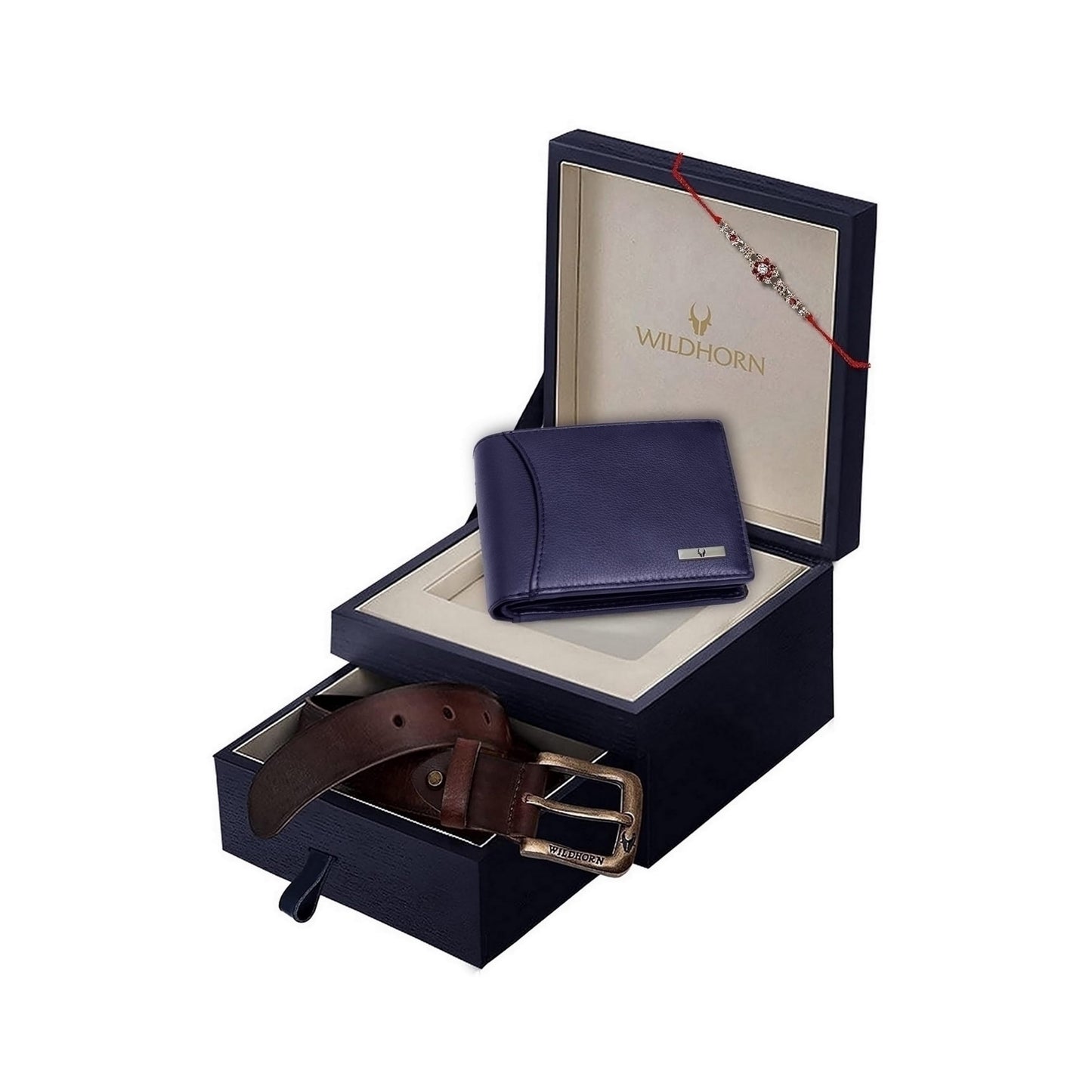 WildHorn Rakhi Gift Set for Brother - Premium Men's Combo | Gift Set of Leather Wallet & Belt & Rakhi with an Unique Slider Gift Box for Brother (Blue PDM)