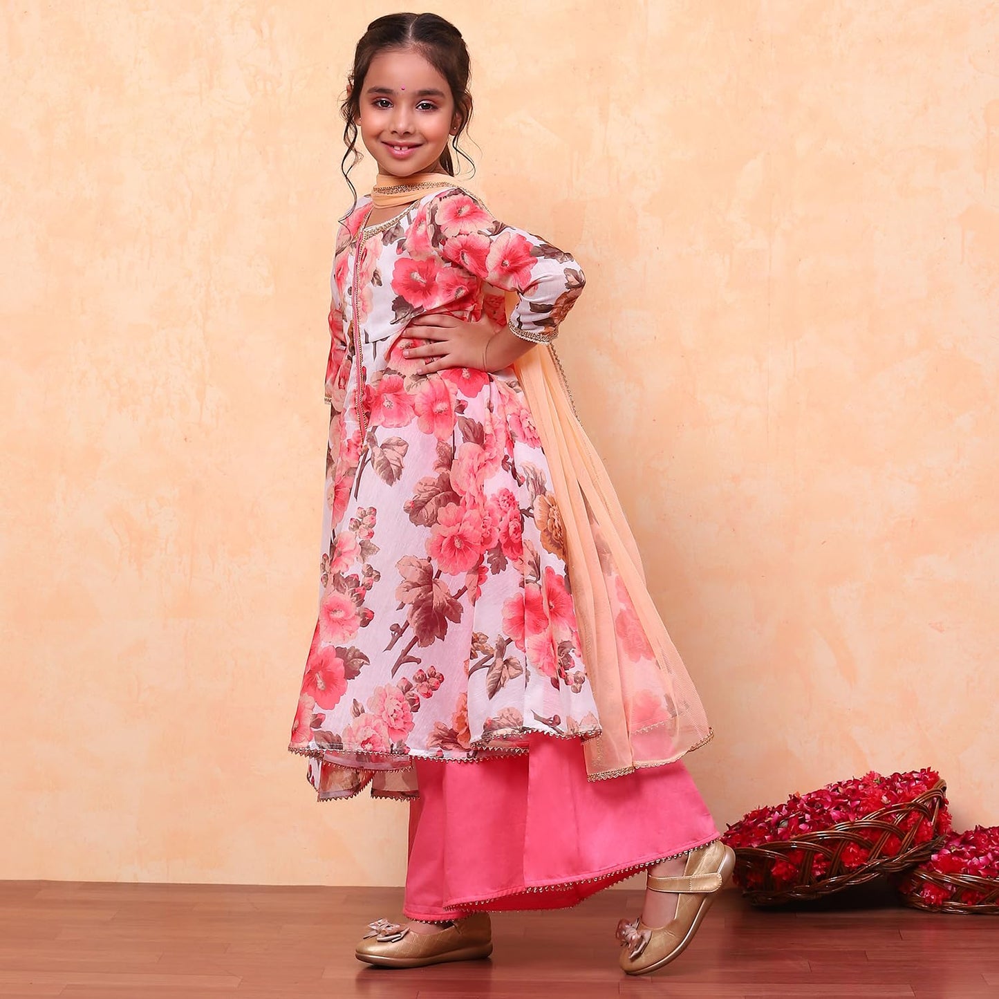 Biba Girls White Flared Poly Modal Printed Kurta suit set