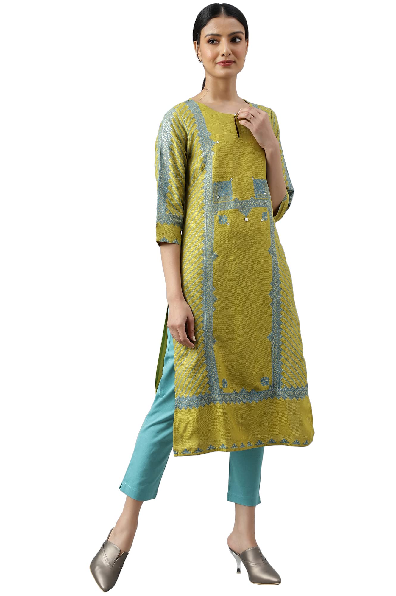 W for Woman Green Placement Print Embellished Kurta