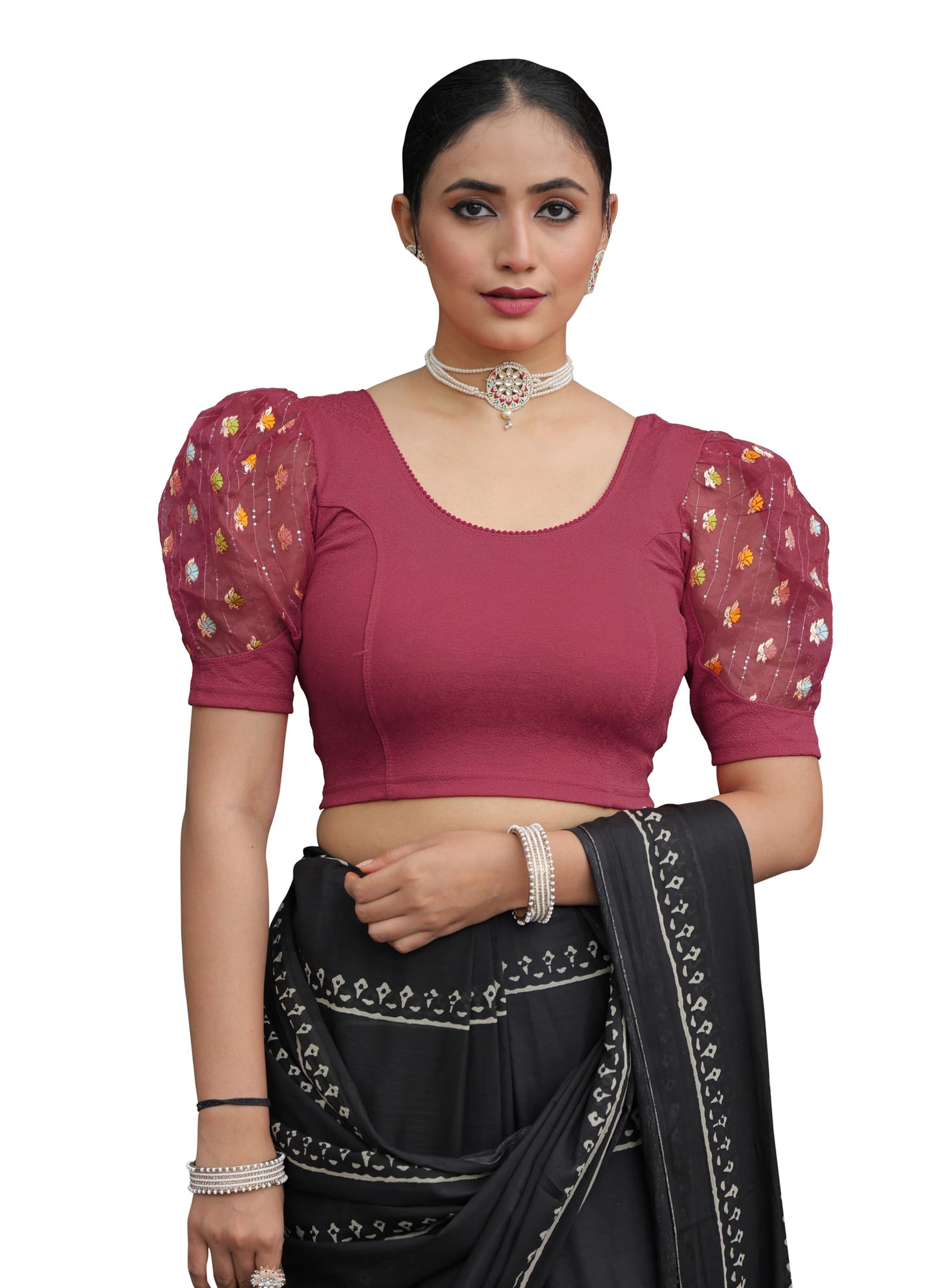 Amazon Brand - Anarva Round Neck Lycra Stretchable Puffed Elbow Sleeve Readymade Saree Blouse for Women Stylish (roli-Pink-Blouse-m)