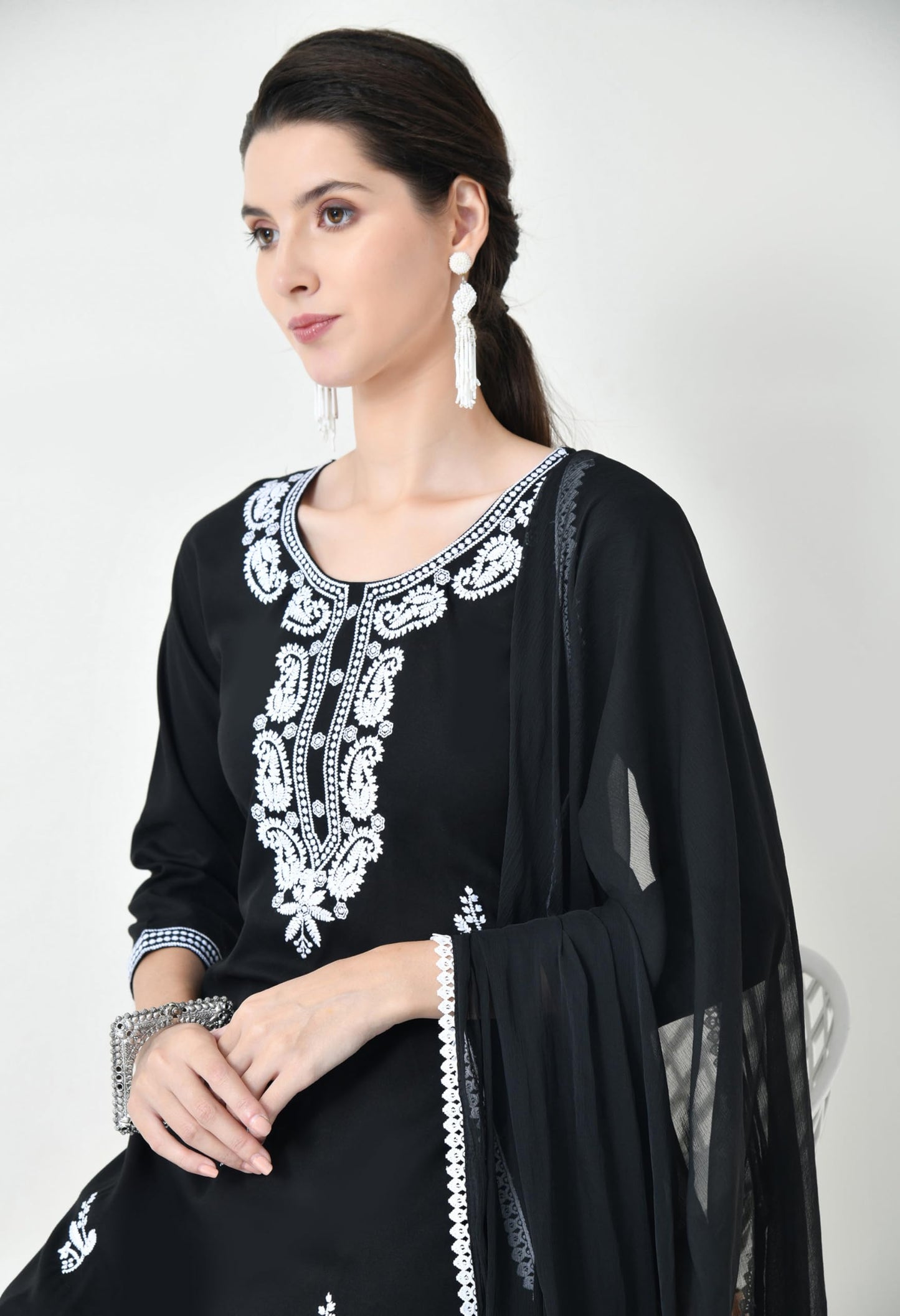 LIBOZA Chikankari Kurta Set for Women, Royon Cotton Straight Design Salwar Suit for Wedding, Diwali & Festival Kurti Pant With Dupatta, Suits Sets for Girls (IN, Alpha, L, Regular, BLACK)