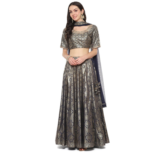 BIBA Women Printed Straight Polyester Readymade Lehenga Set (Skdassorted8935_Navy Blue_42)