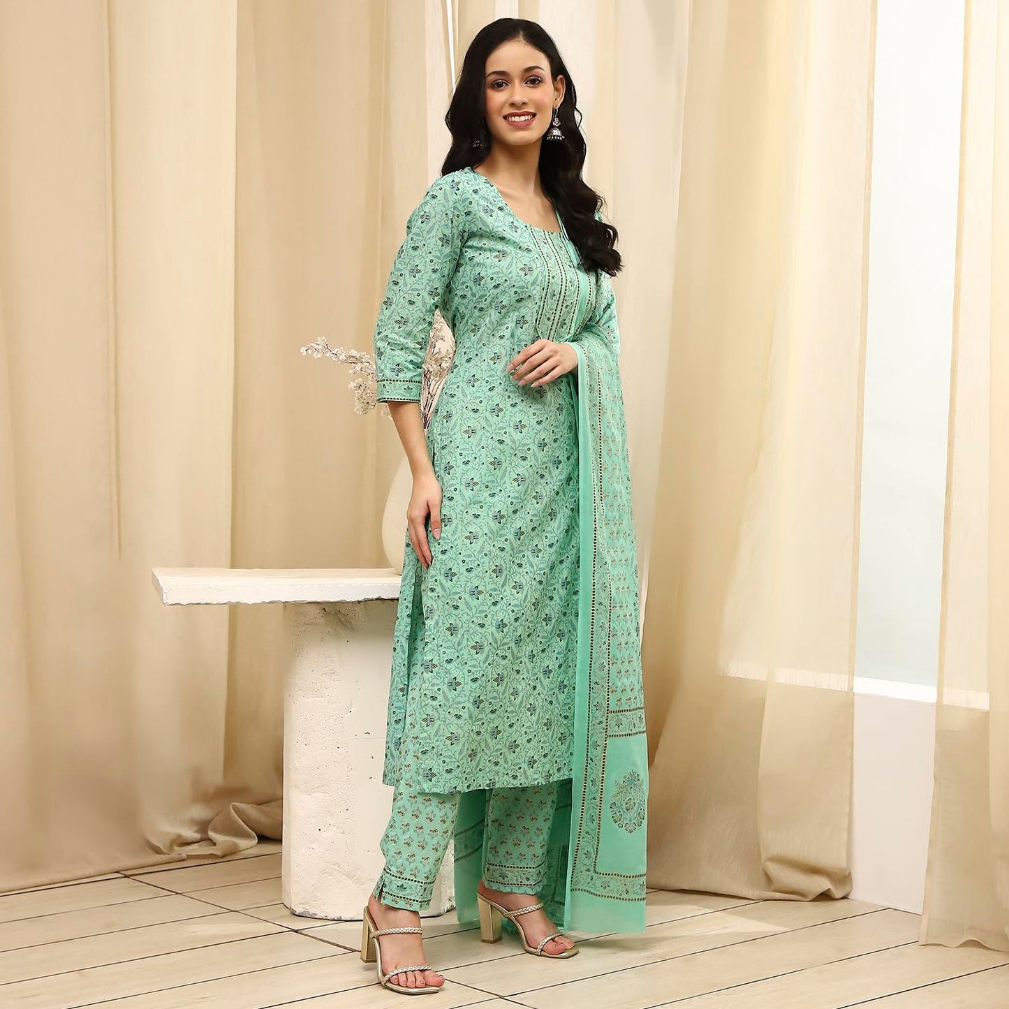 BIBA Women Green Cotton Screen Print Unstitched Suit Set_FREE SIZE