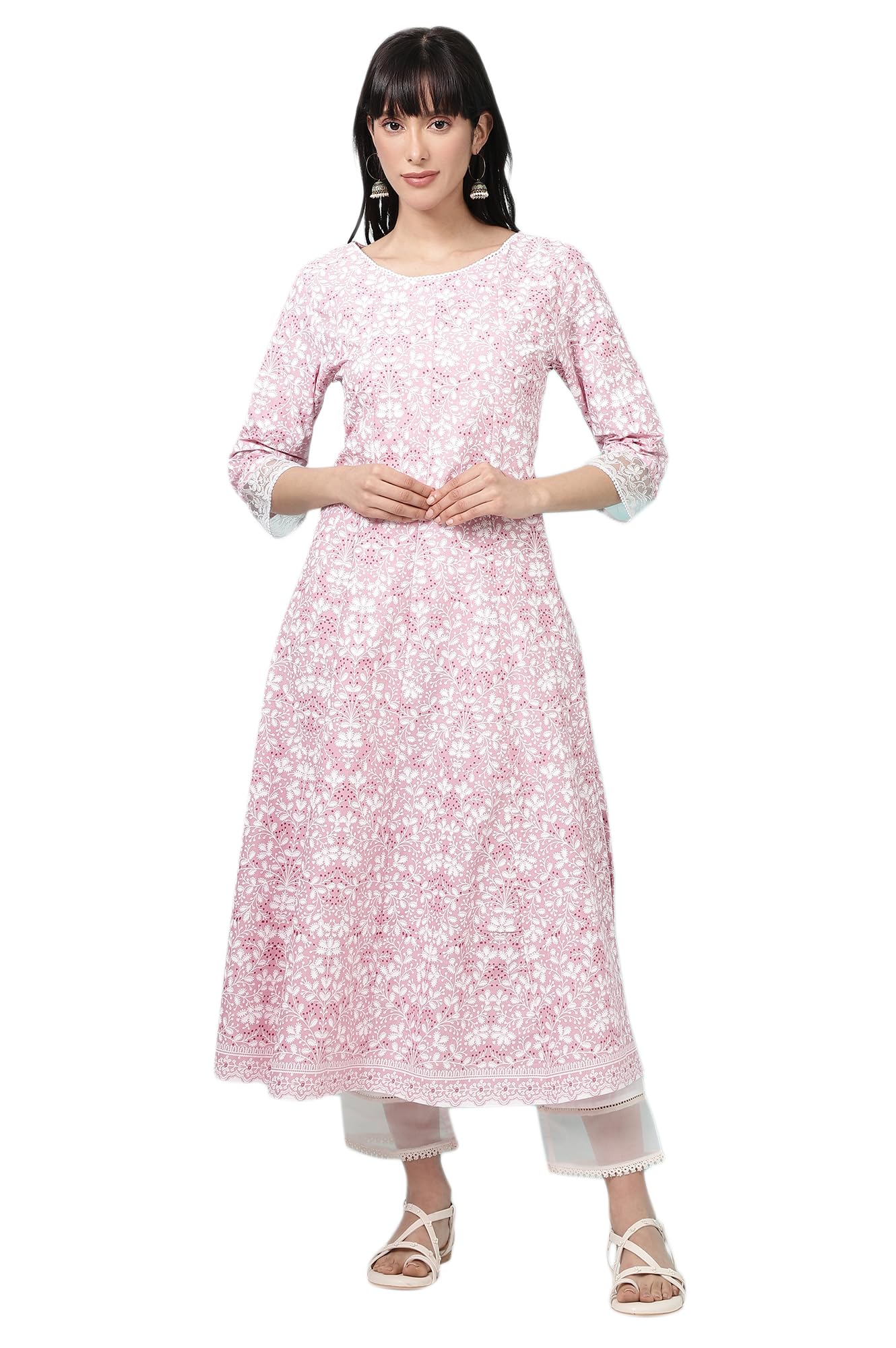 W for Woman Women Pure Cotton Regular Fit Pink Floral Printed Anarkali Kurta (Size: M)-W10817-126110