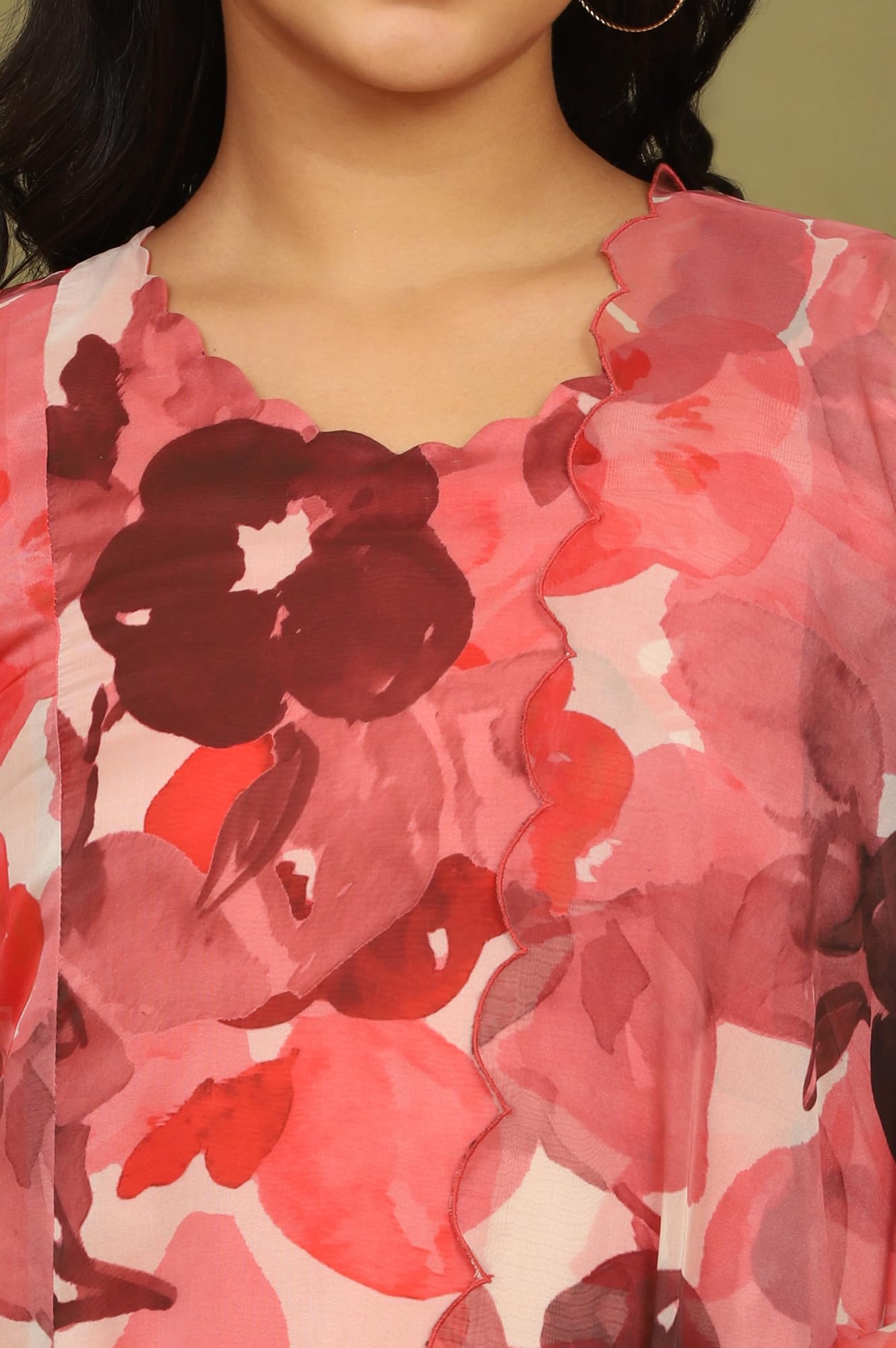 W for Woman Crimson Red Bold Floral Printed Organza Flared Kurta, Pants and Dupatta Set (Size: S)-WS12238-125263