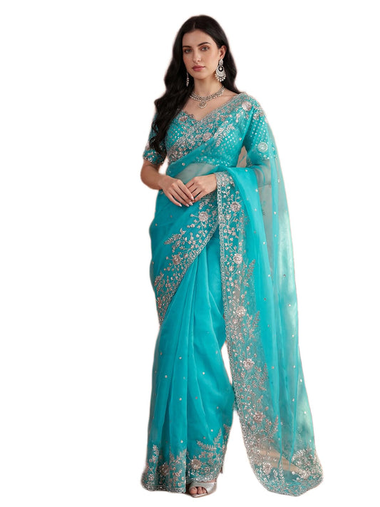 SIRIL Women's Organza Scalloped Border Embellished Sequins Embroidery Saree with Unstitched Blouse Piece (4472S118A_Turquoise Blue)