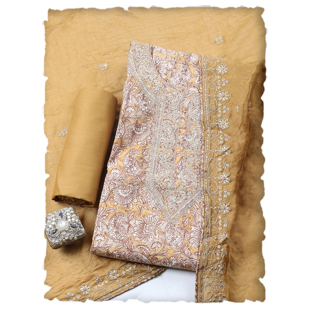 Meena Bazaar Printed Cotton Blend Mustard Unstitched Kurta with Bottom & Dupatta