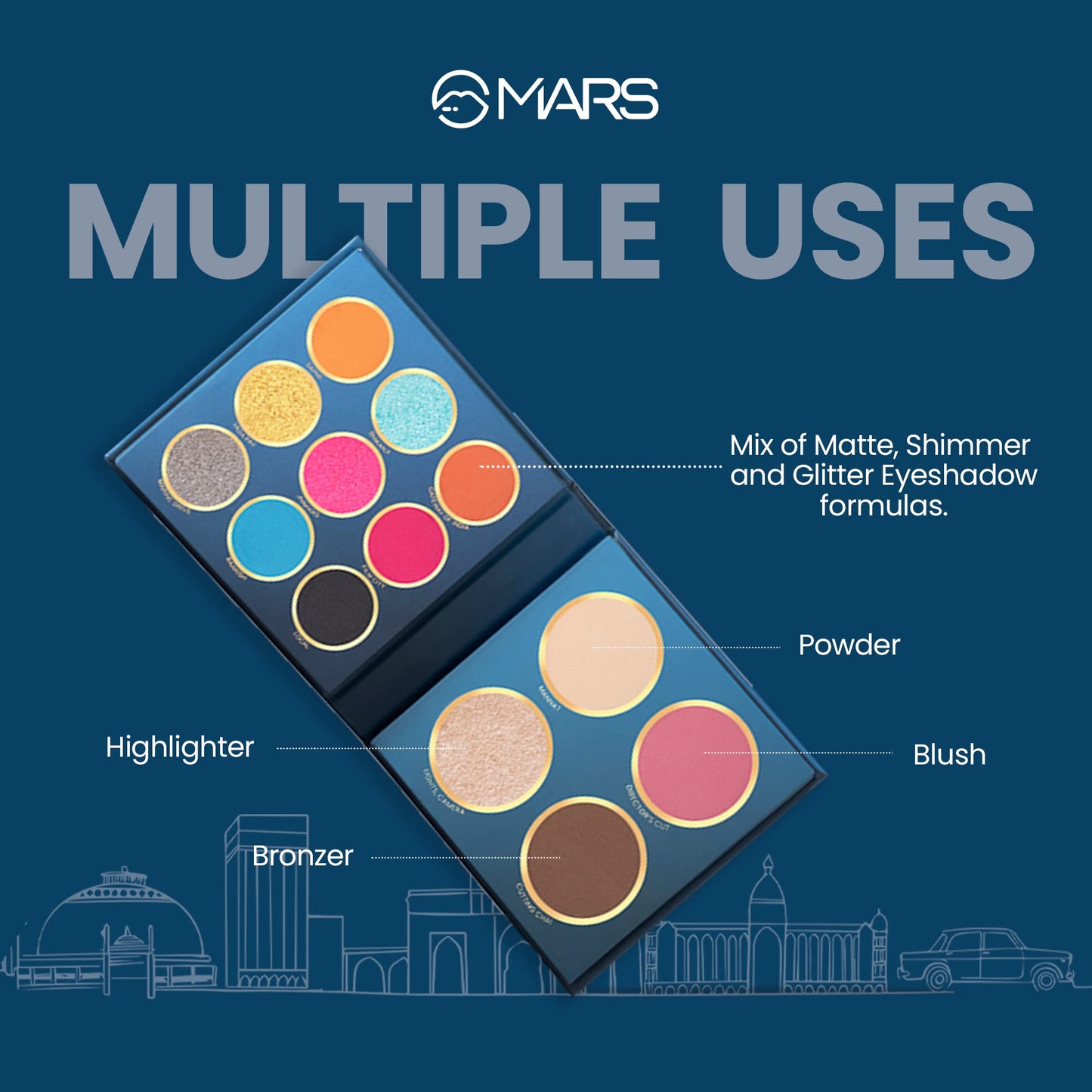 MARS The City Paradise Makeup Kit | Highly Pigmented and Blendable | 9 Eyeshadow Palette with 1 Highlighter, Blusher, Bronzer & Compact Powder each (16.0 gm) (07-Jaipur)